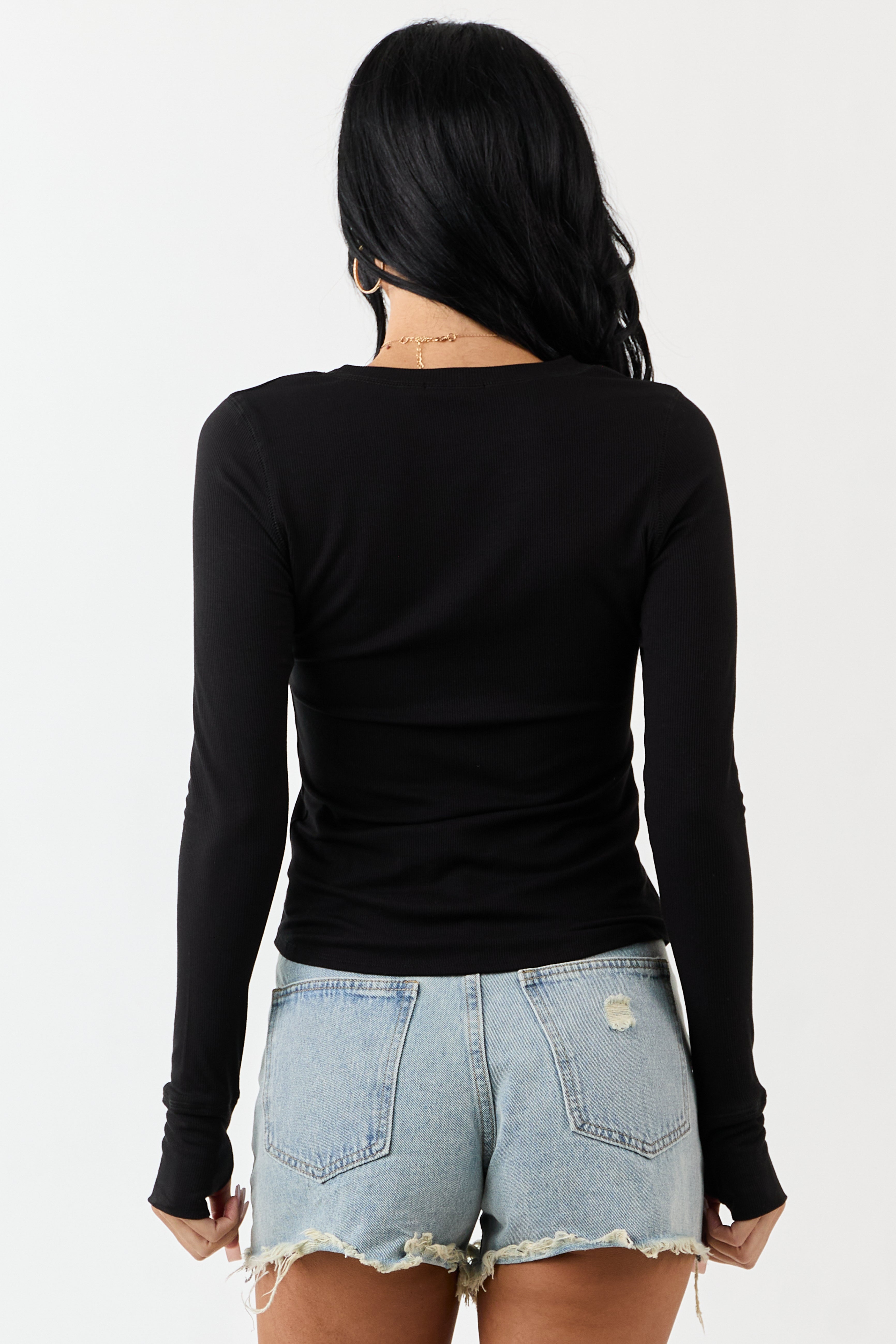 Black Rib Knit Round Neck Long Sleeve Top