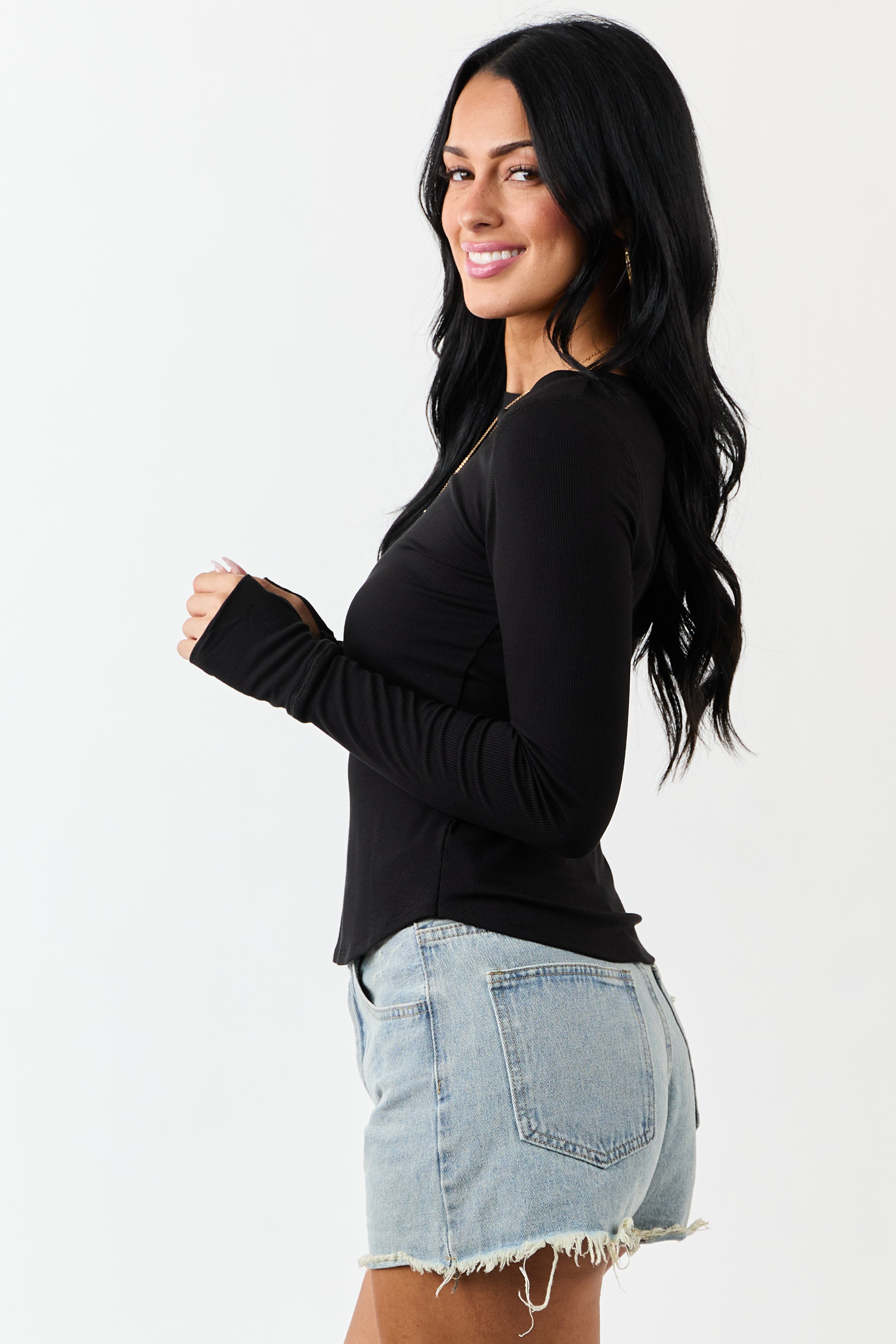 Black Rib Knit Round Neck Long Sleeve Top