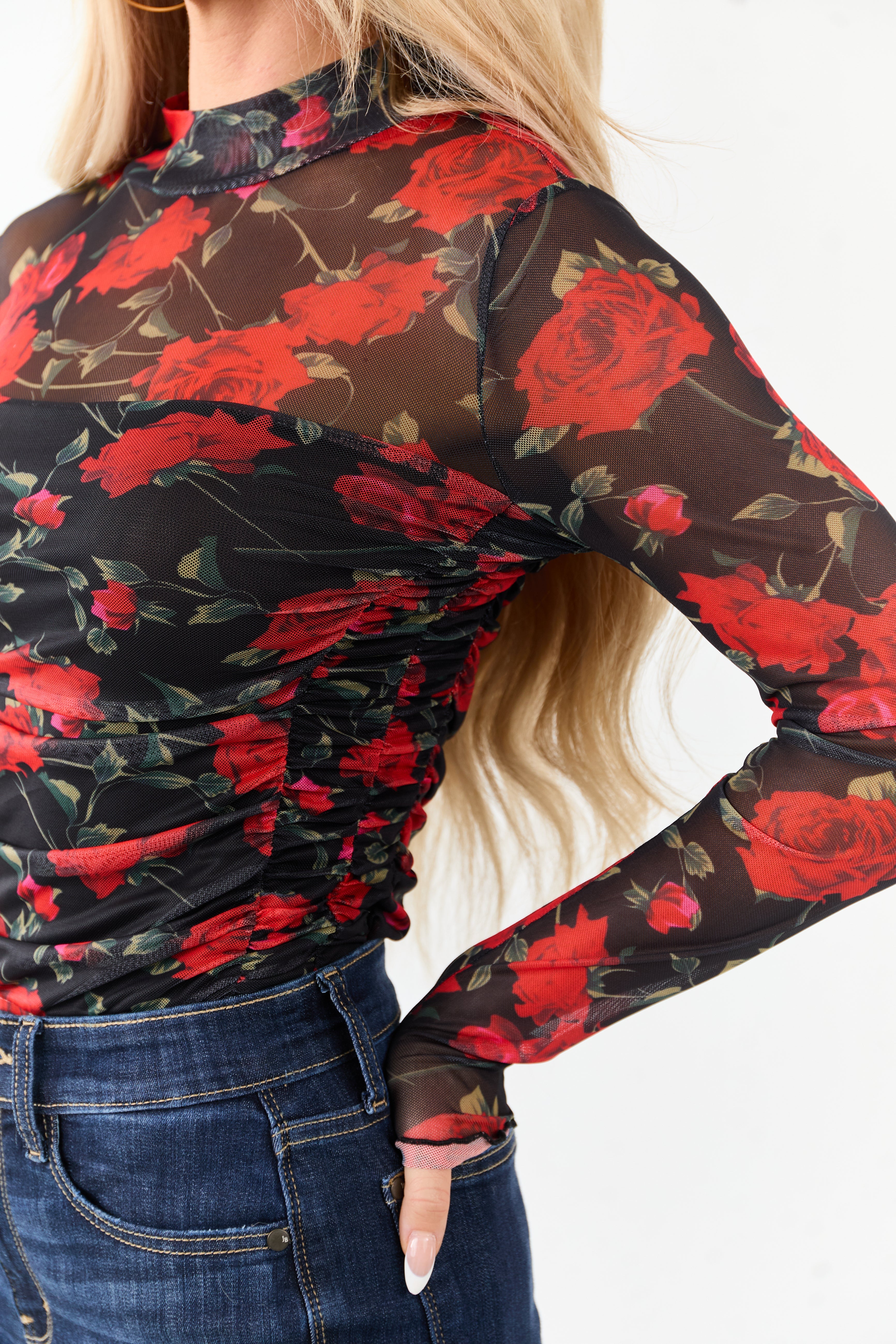 Black Rose Print Mesh Ruched Mock Neck Bodysuit