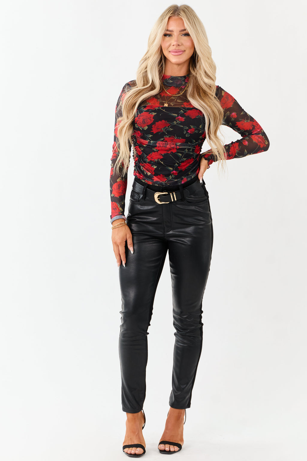 Black Rose Print Mesh Ruched Mock Neck Bodysuit