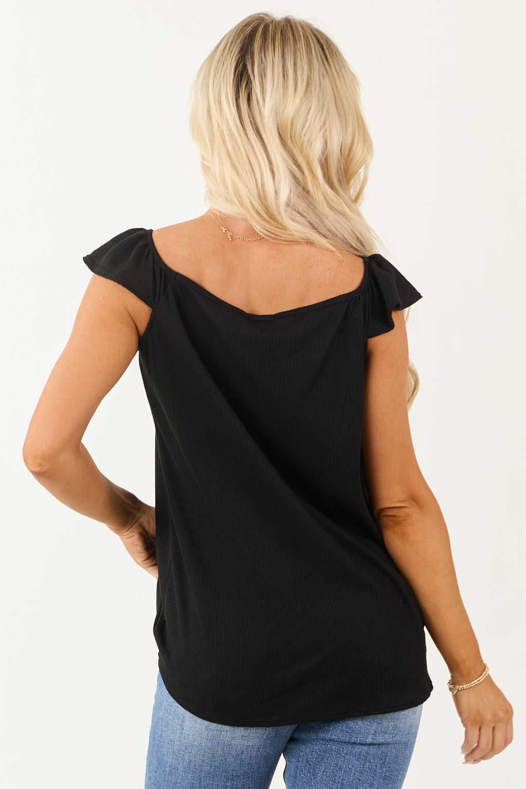 Black Round Neck Ruffle Cap Sleeve Top
