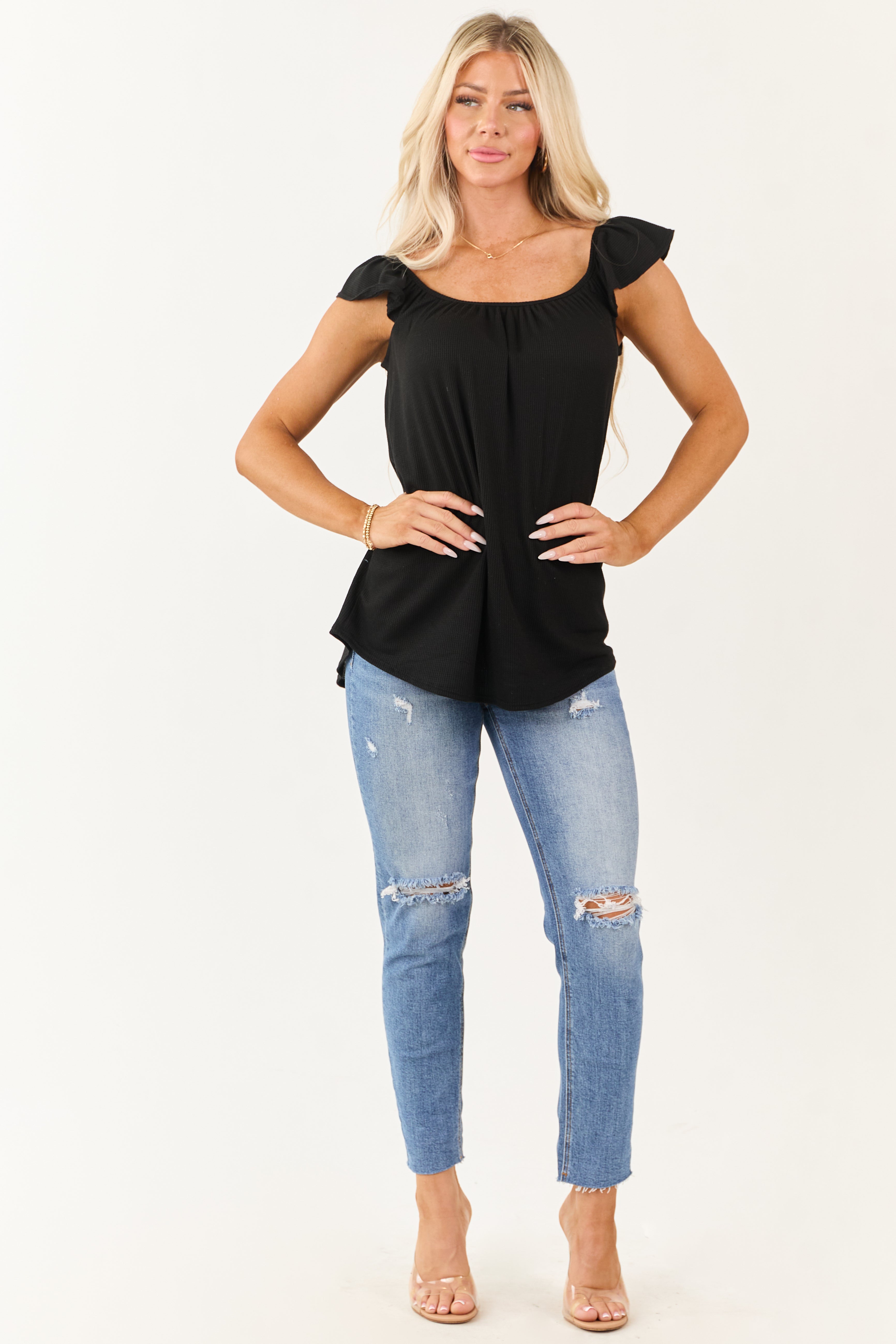 Black Round Neck Ruffle Cap Sleeve Top