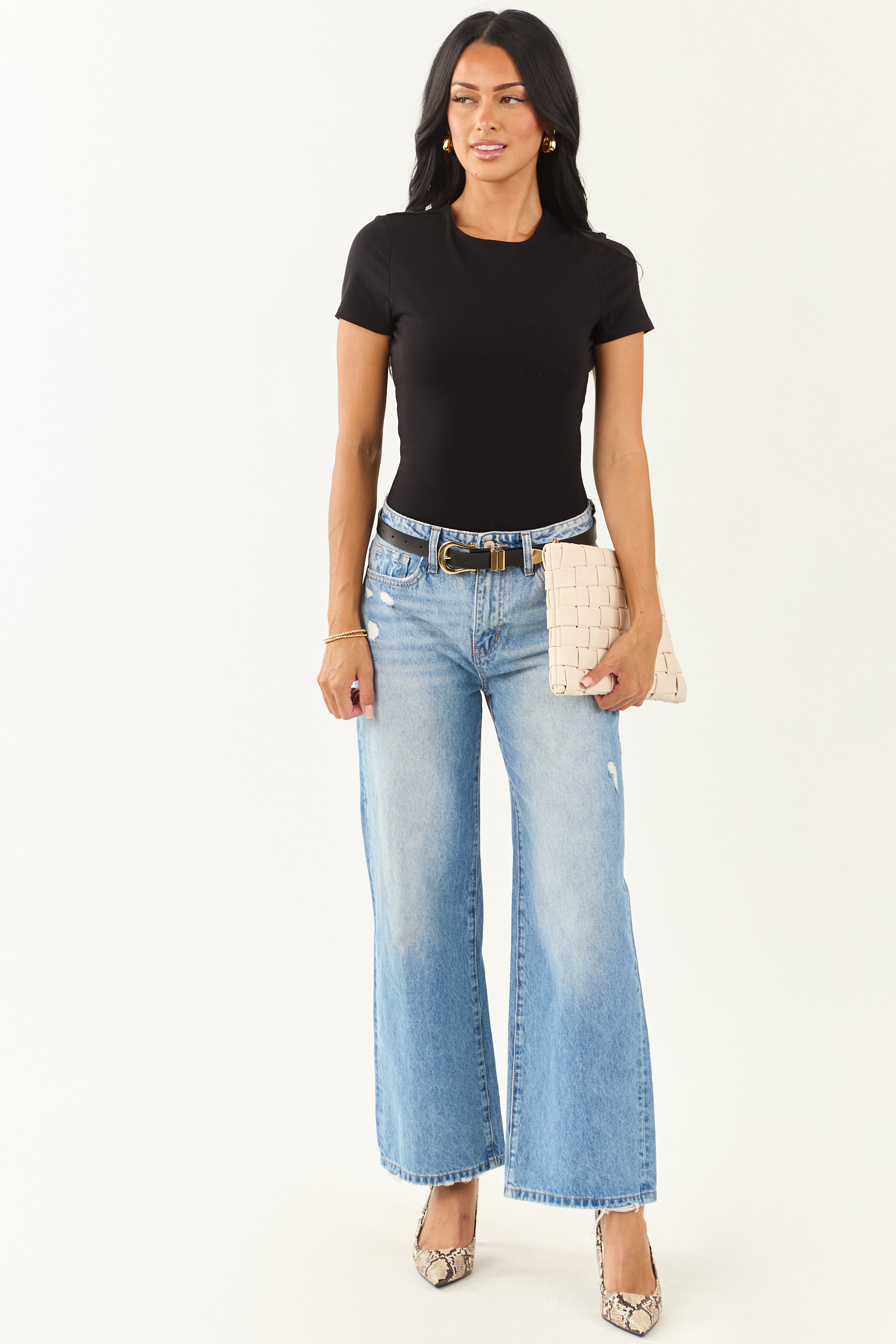 Black Short Sleeve Round Neck Knit Bodysuit