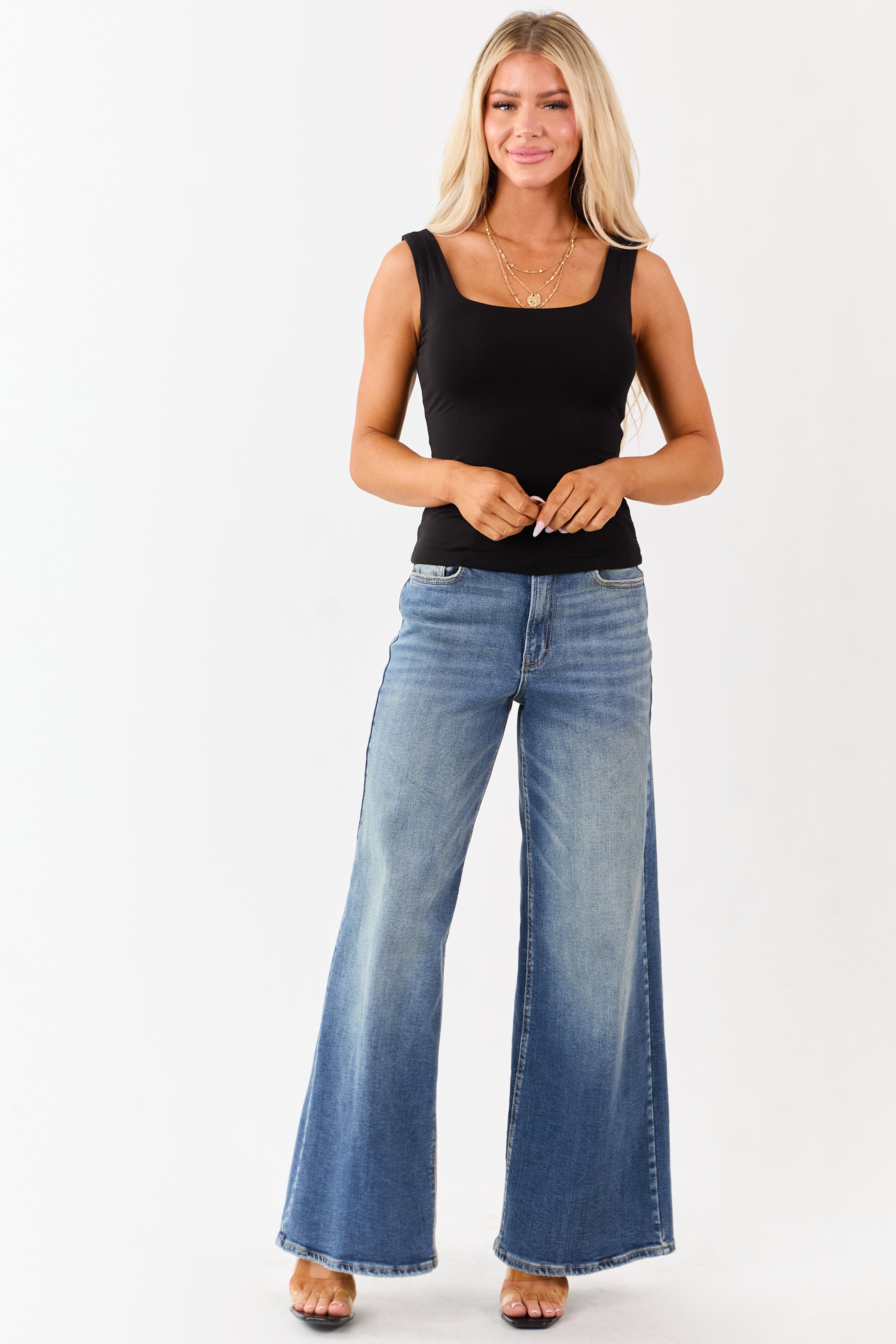 Black Square Neck Double Layer Knit Tank Top