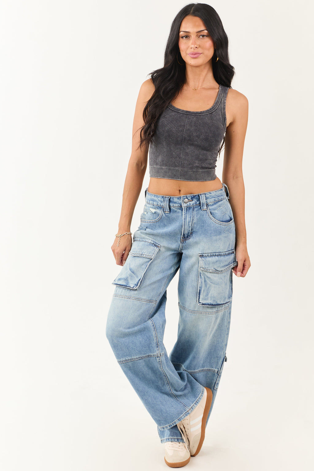 Black Stone Wash Cropped Knit Tank Top