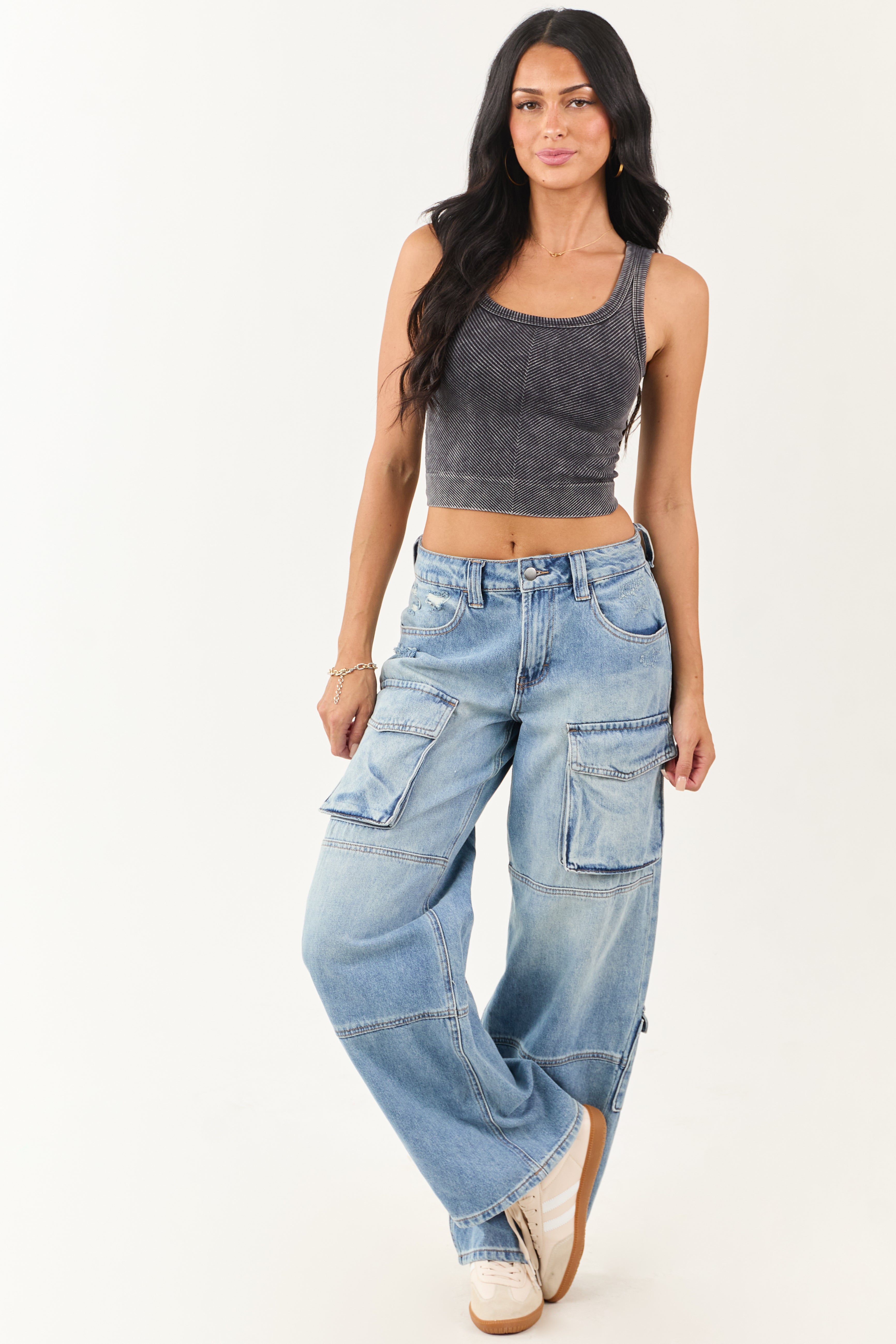 Black Stone Wash Cropped Knit Tank Top
