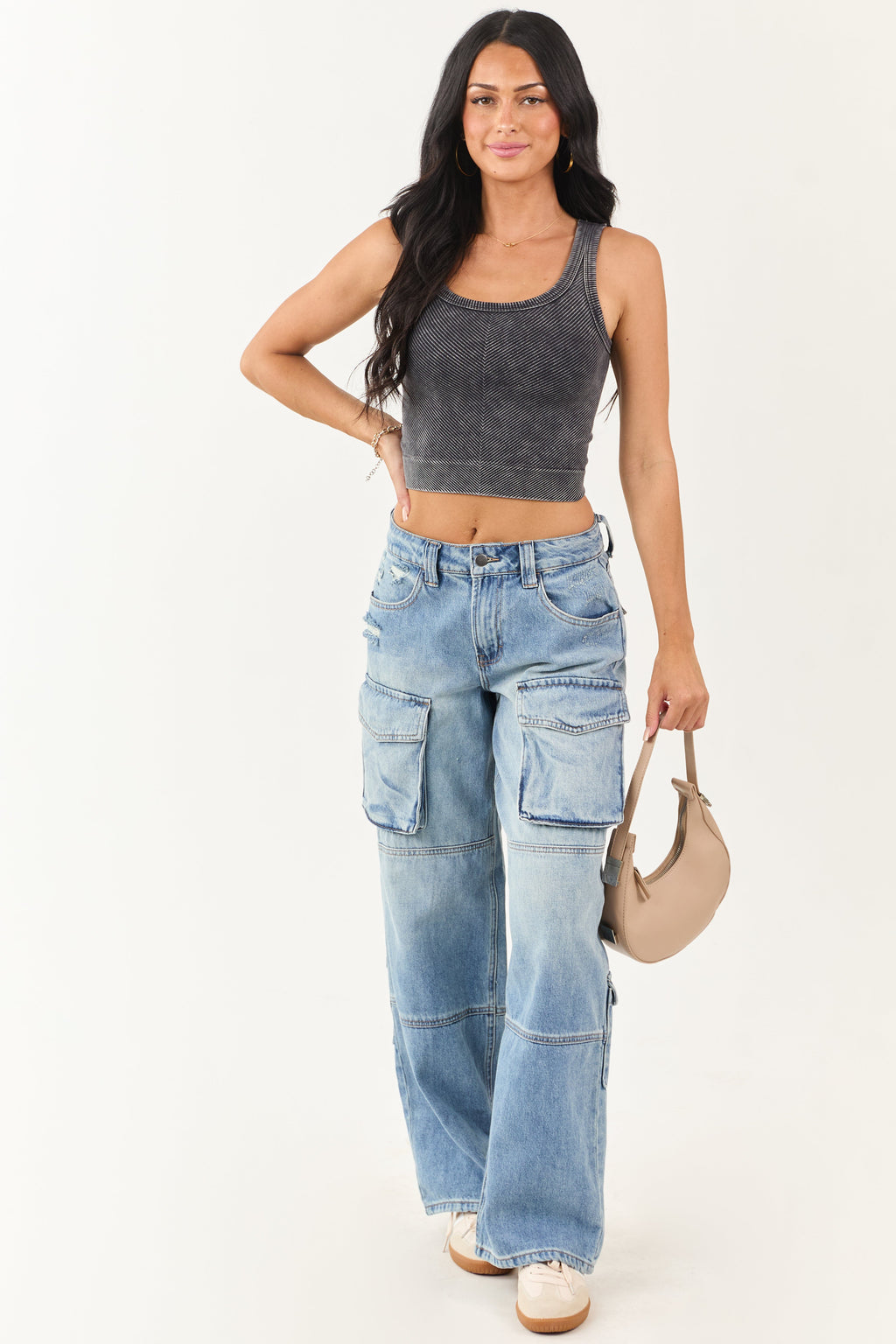 Black Stone Wash Cropped Knit Tank Top