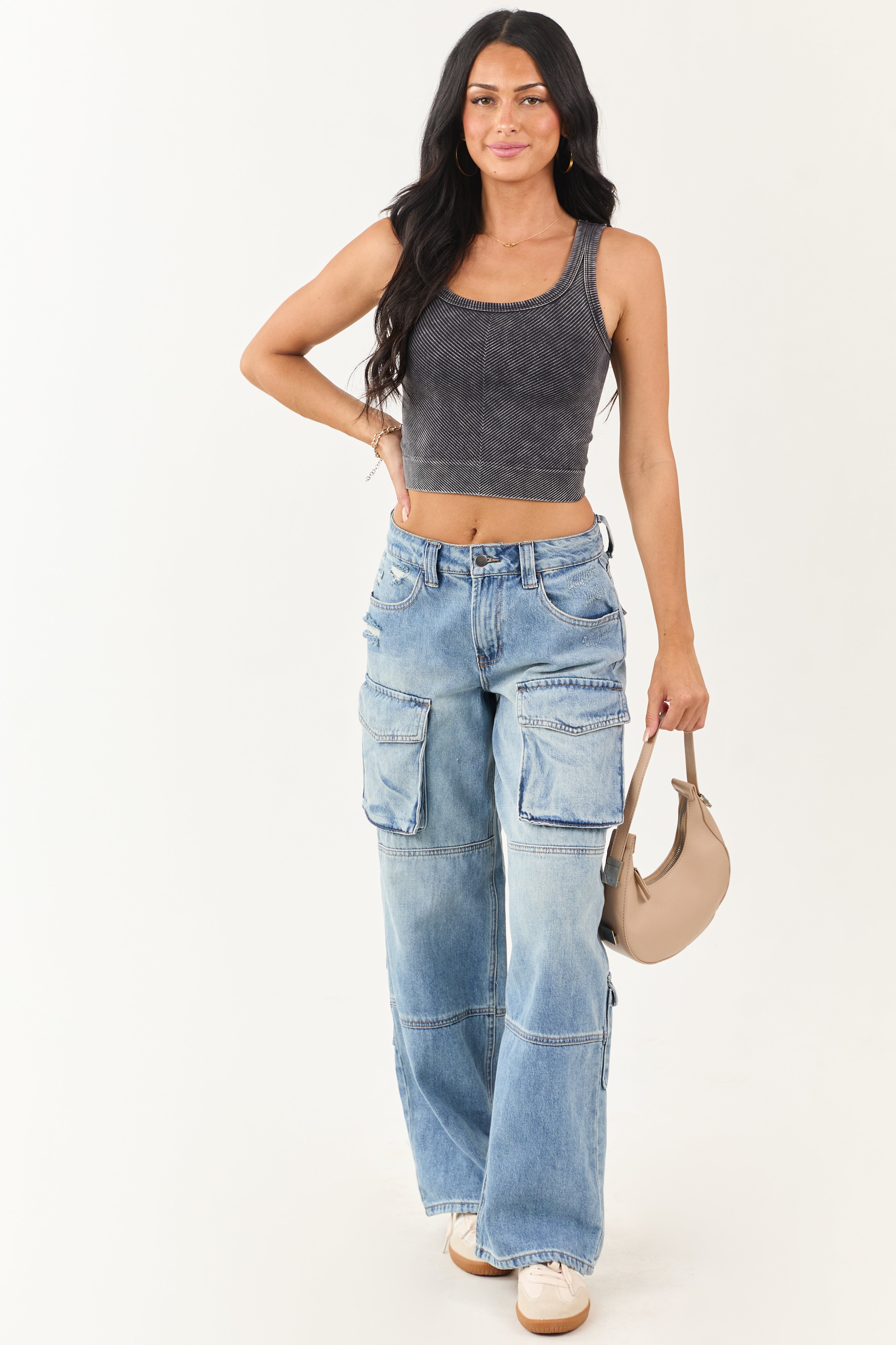 Black Stone Wash Cropped Knit Tank Top