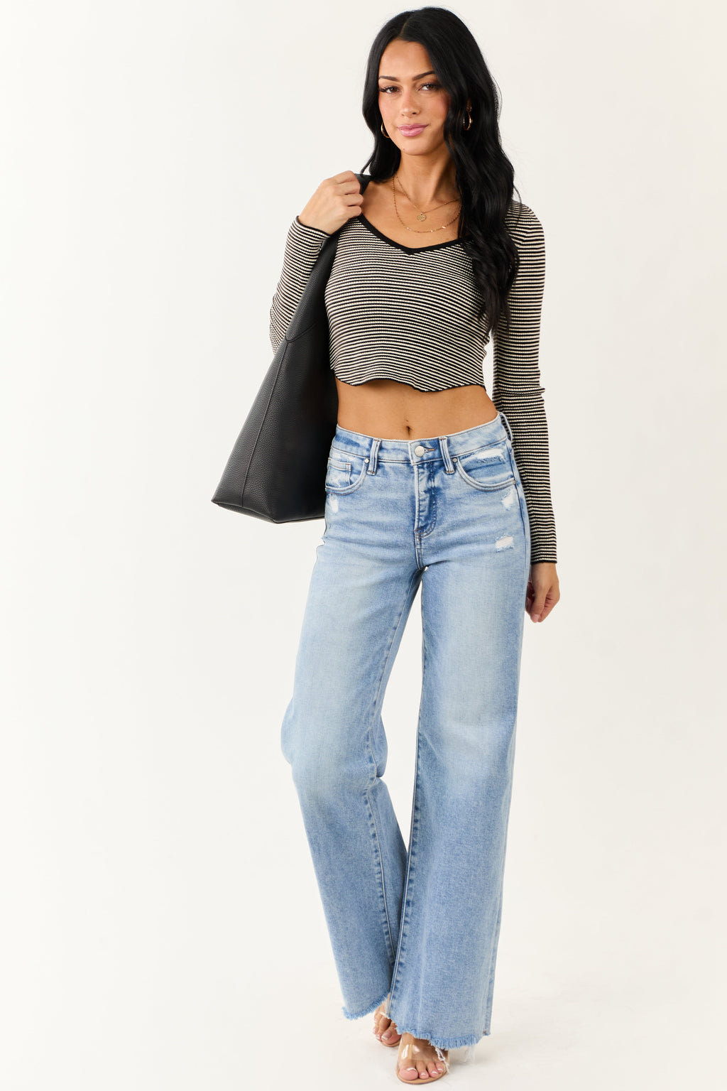 Black Striped Cropped V Neck Long Sleeve Top