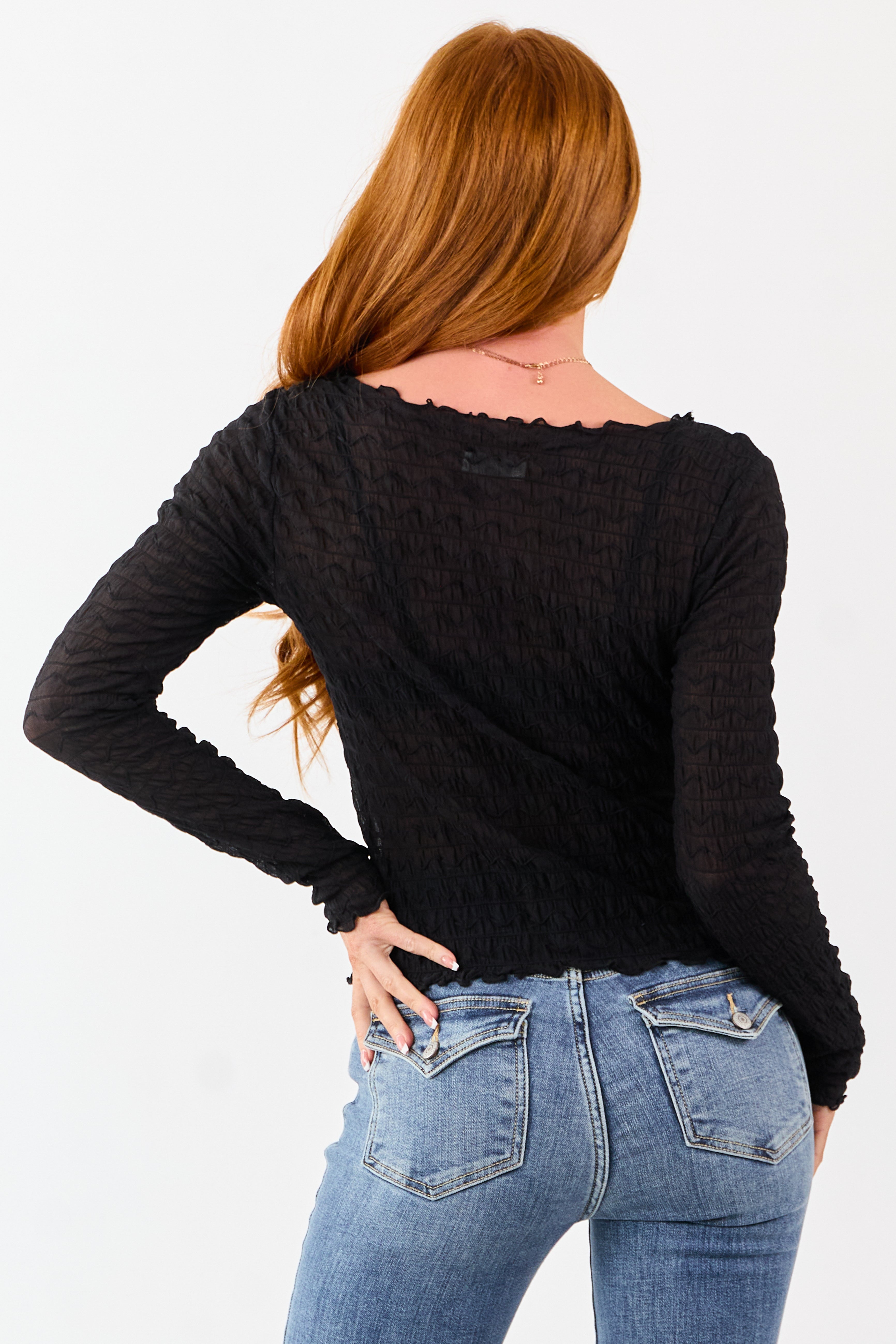 Black Textured Boat Neck Long Sleeve Mesh Top