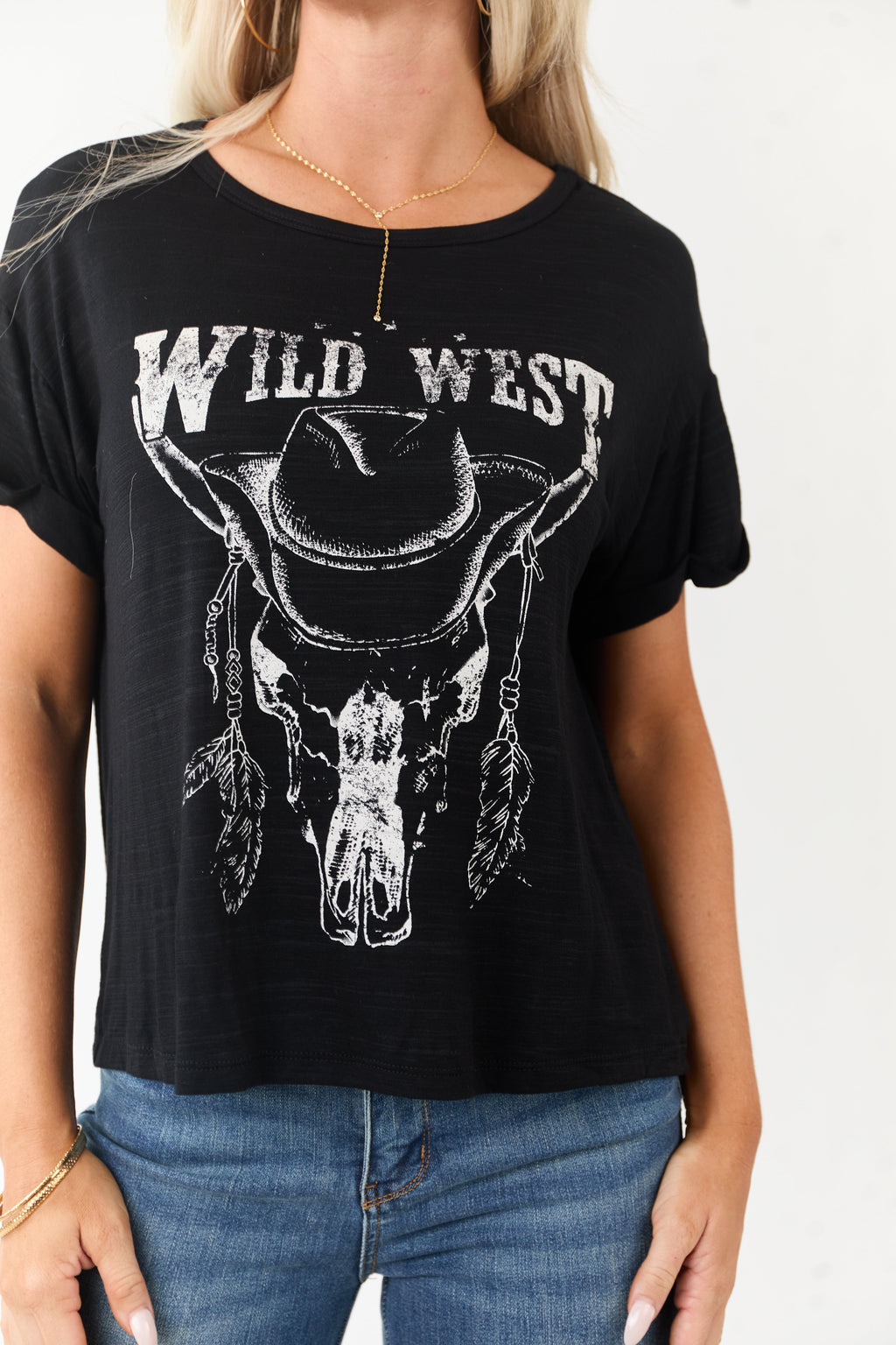 Black 'Wild West' Graphic Short Sleeve Cotton Top