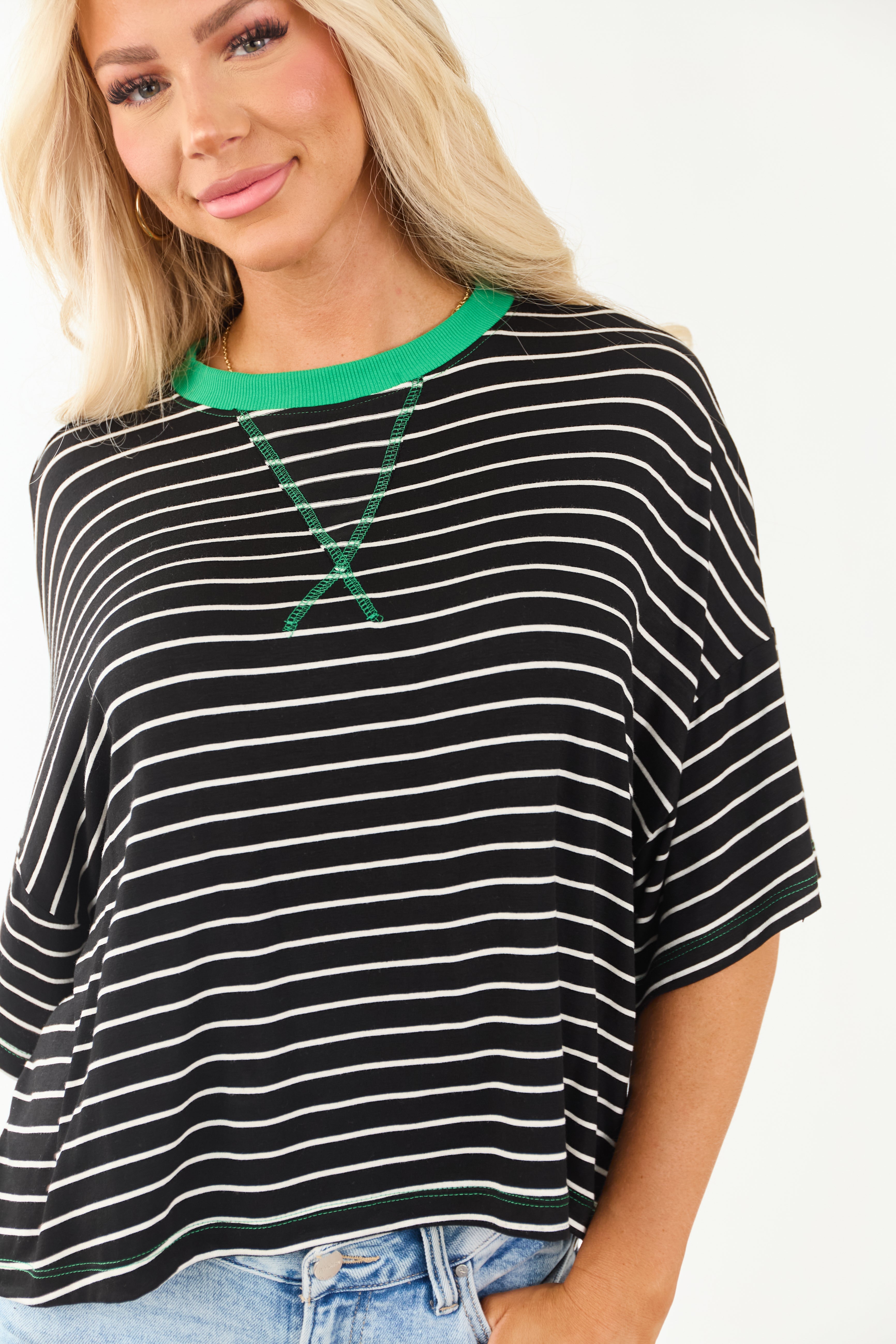 Black and Kelly Green Striped Half Sleeve Top