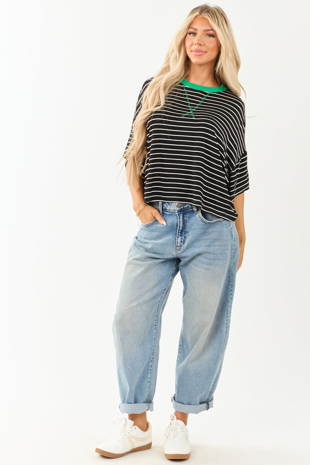 Black and Kelly Green Striped Half Sleeve Top