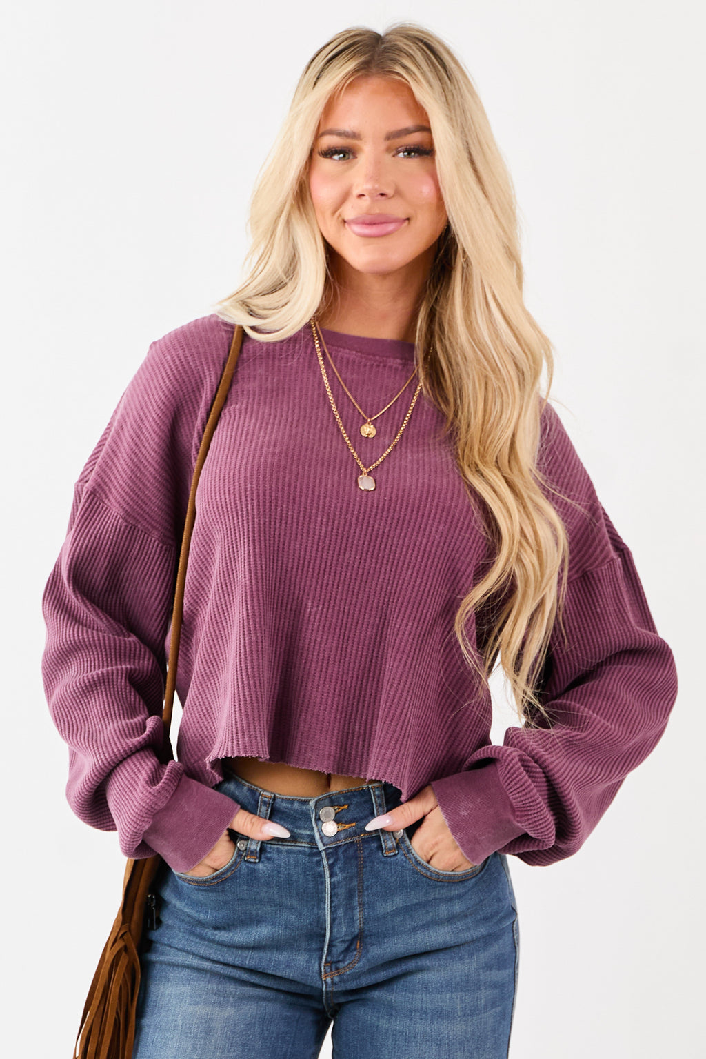 Boysenberry Waffle Knit Long Sleeve Cotton Top
