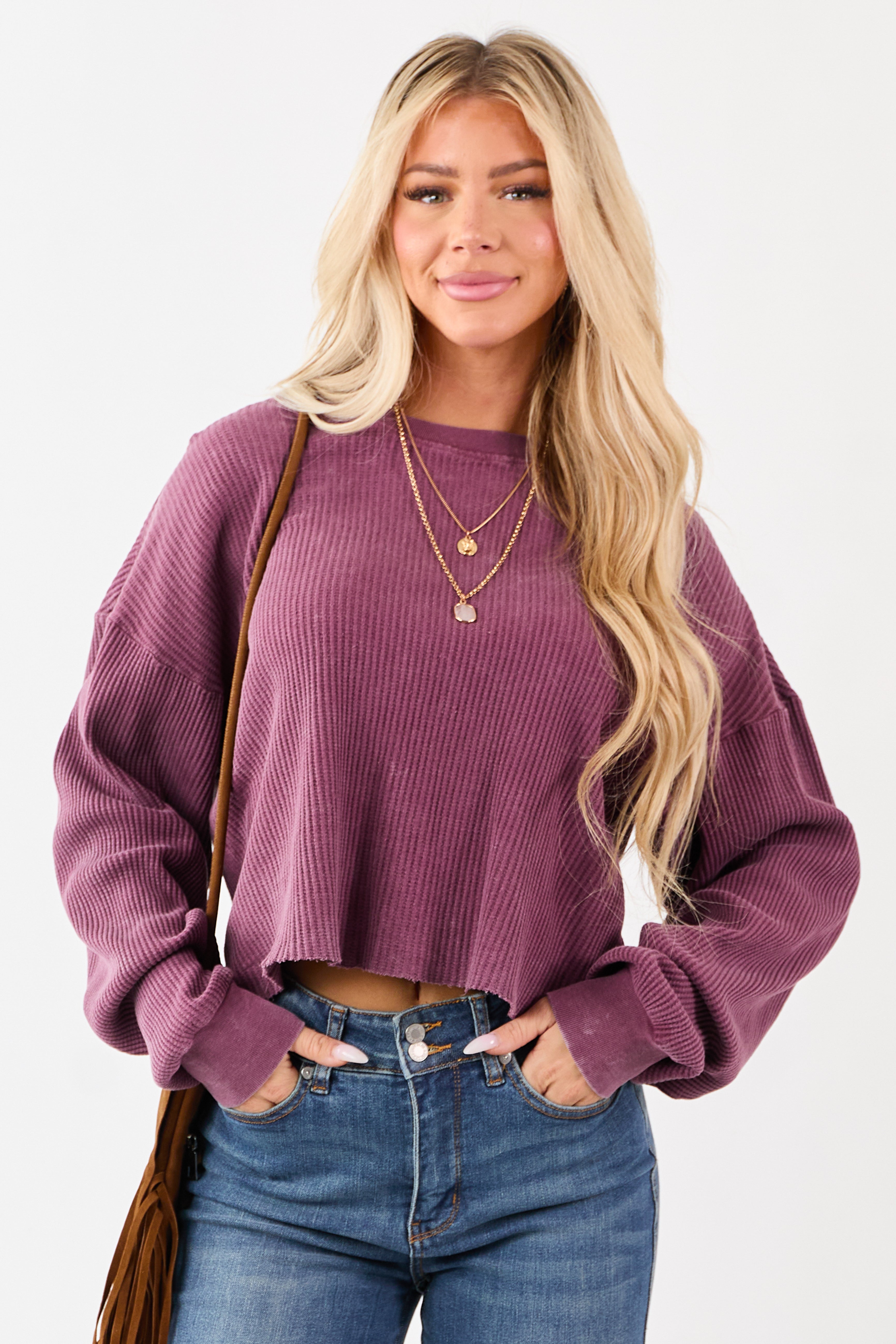 Boysenberry Waffle Knit Long Sleeve Cotton Top
