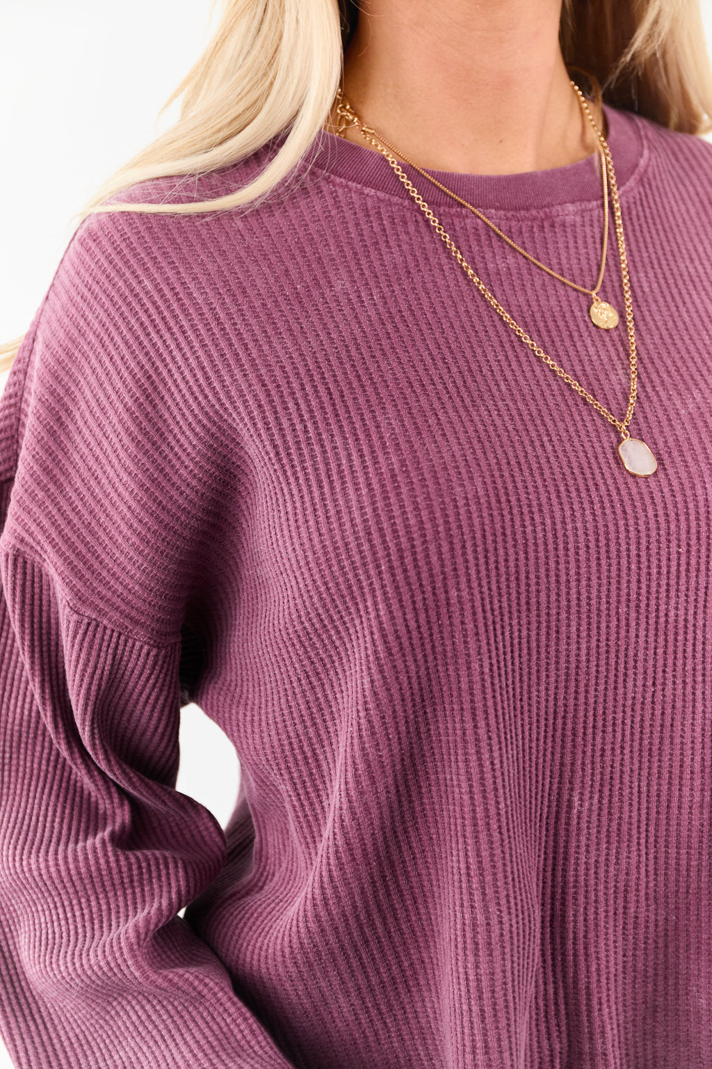 Boysenberry Waffle Knit Long Sleeve Cotton Top