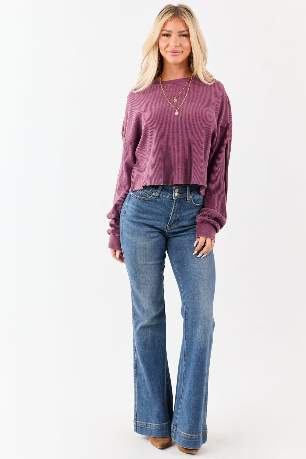 Boysenberry Waffle Knit Long Sleeve Cotton Top