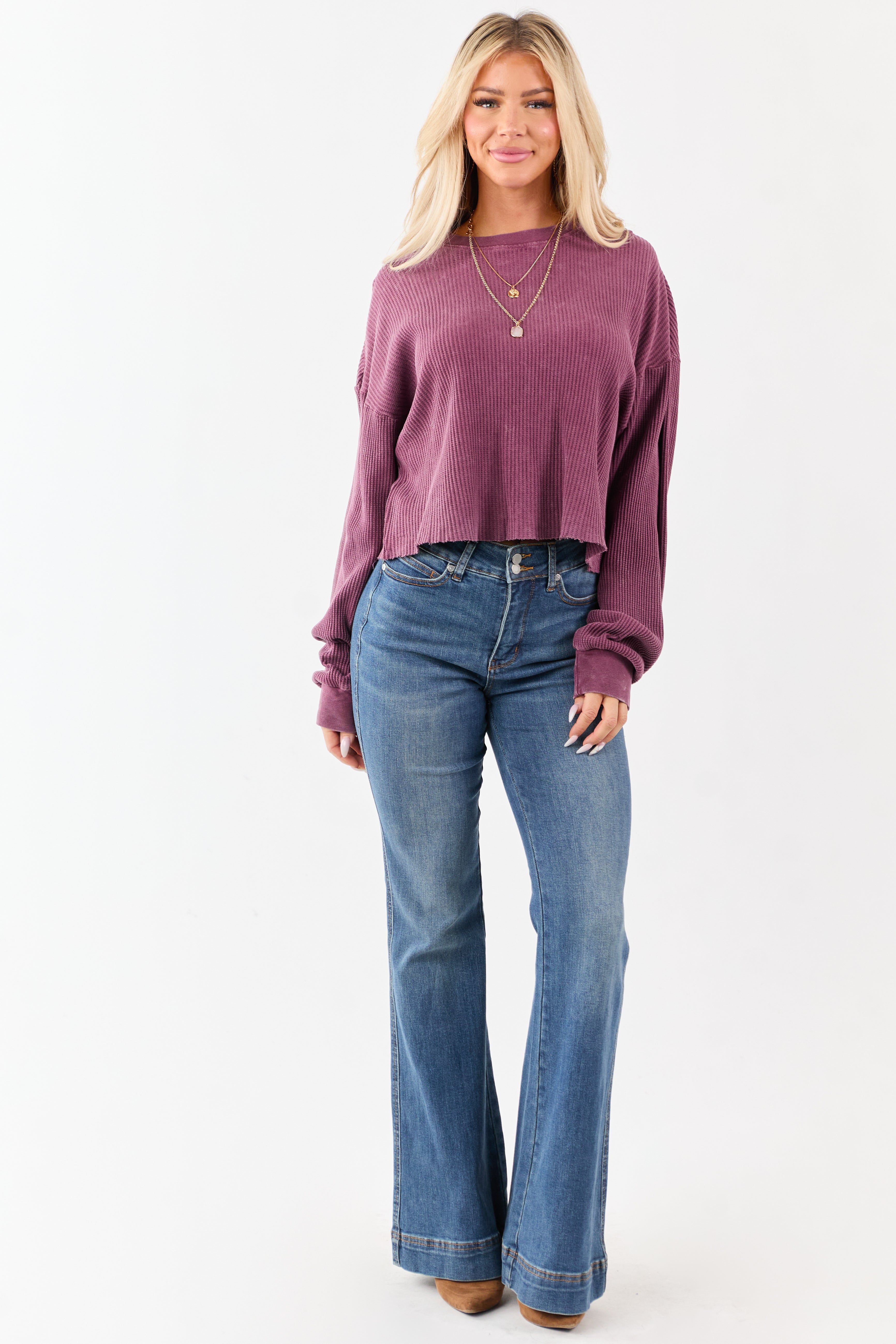 Boysenberry Waffle Knit Long Sleeve Cotton Top