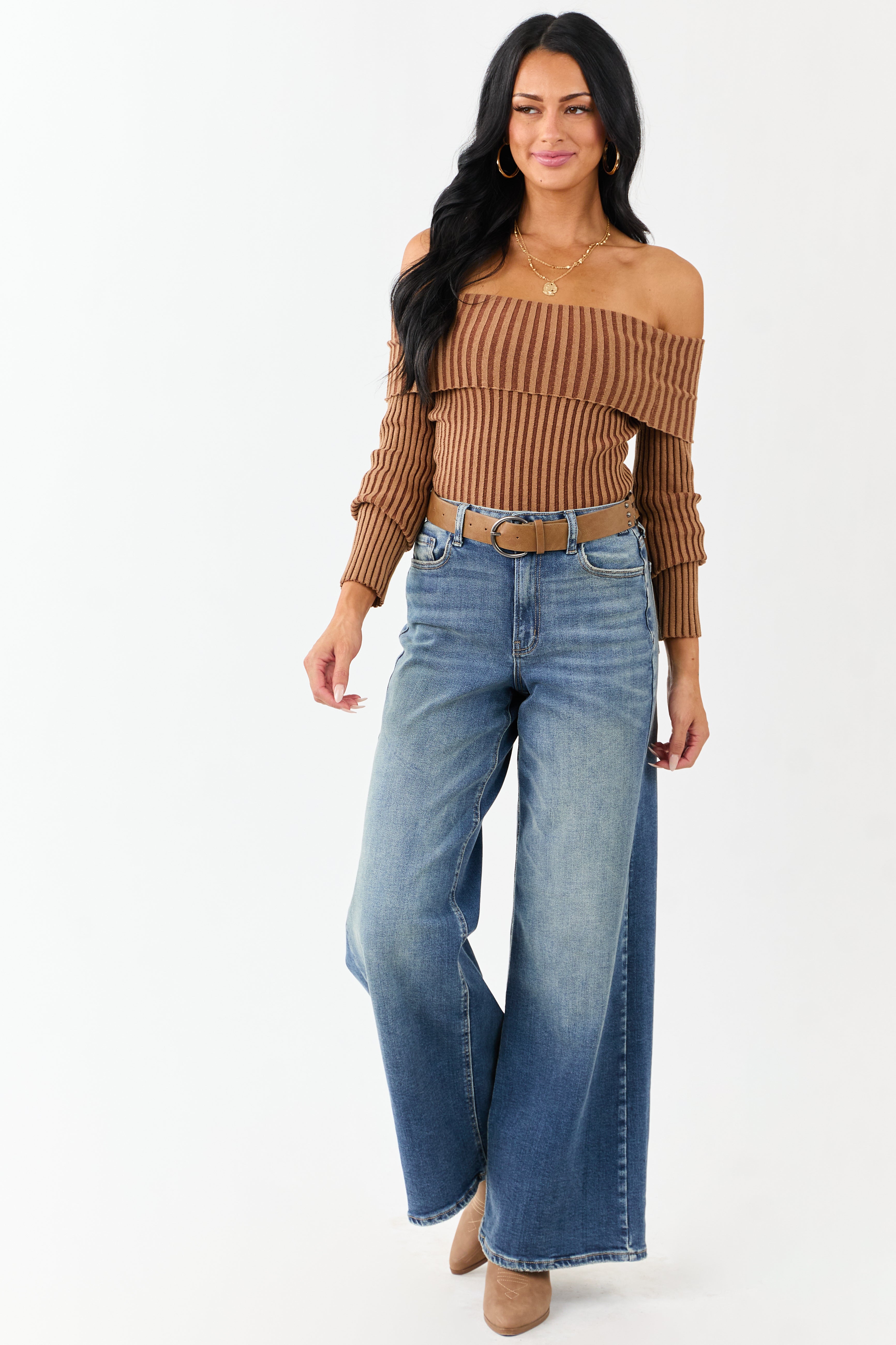 Brown Sugar Off the Shoulder Fitted Rib Knit Top