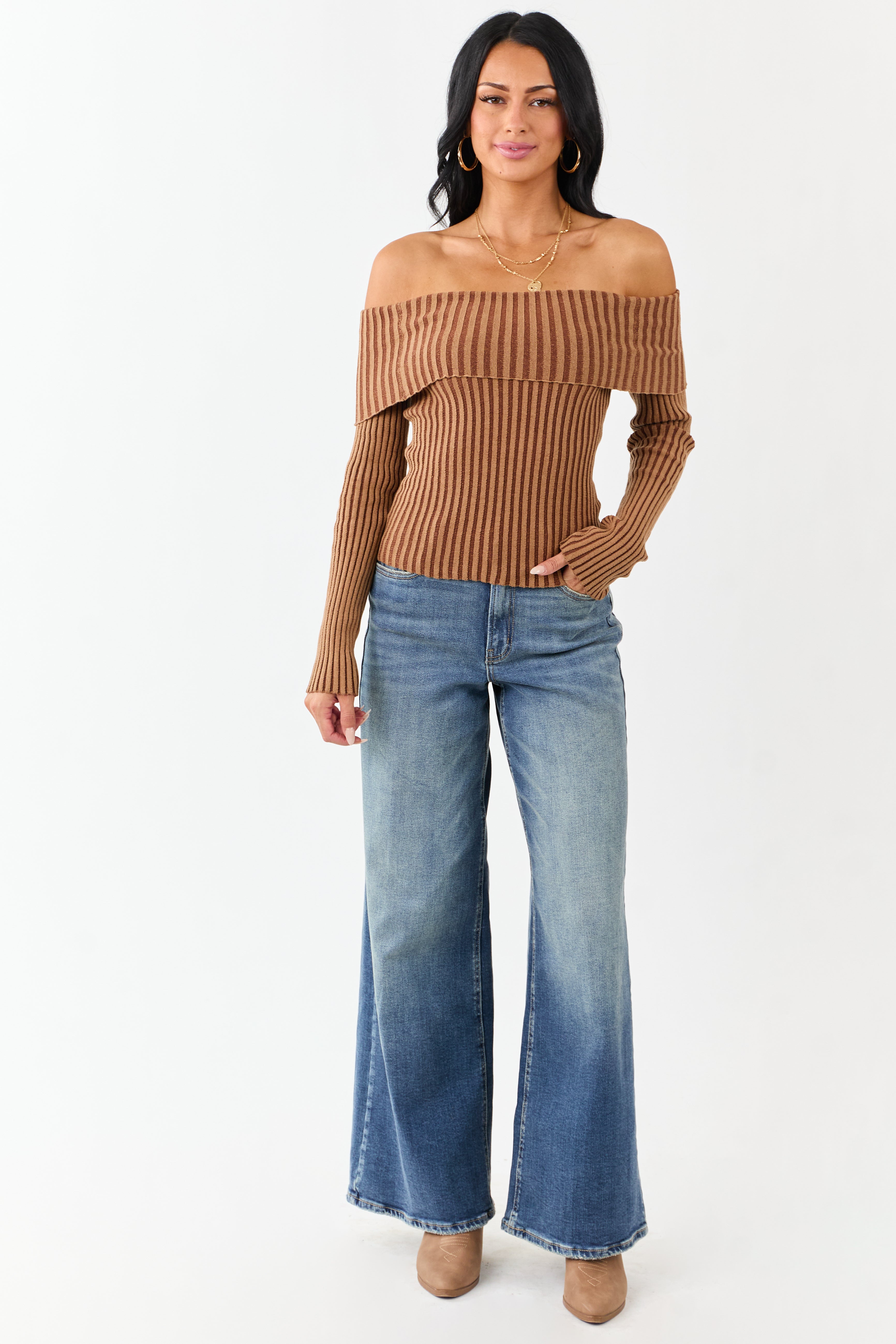 Brown Sugar Off the Shoulder Fitted Rib Knit Top