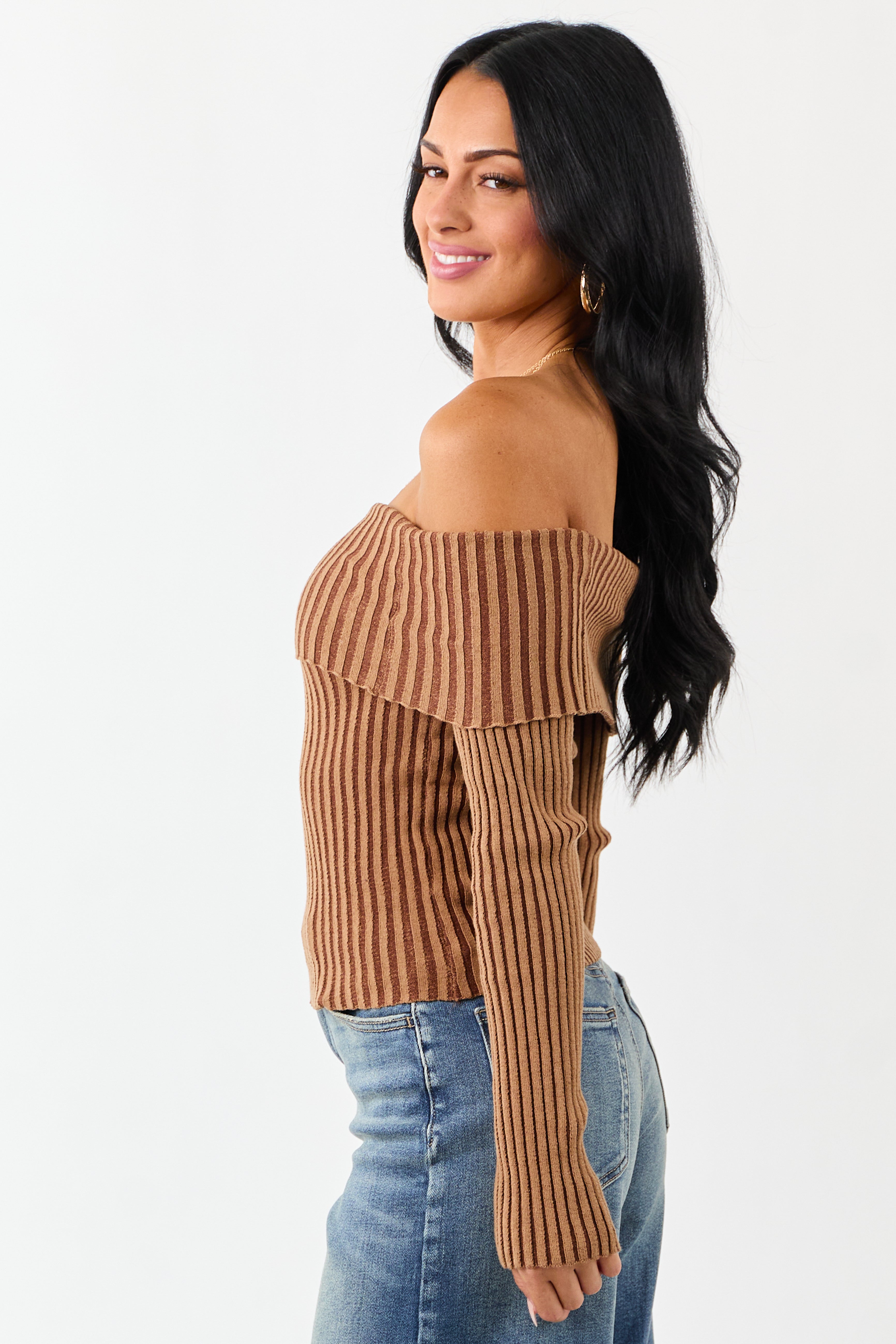 Brown Sugar Off the Shoulder Fitted Rib Knit Top