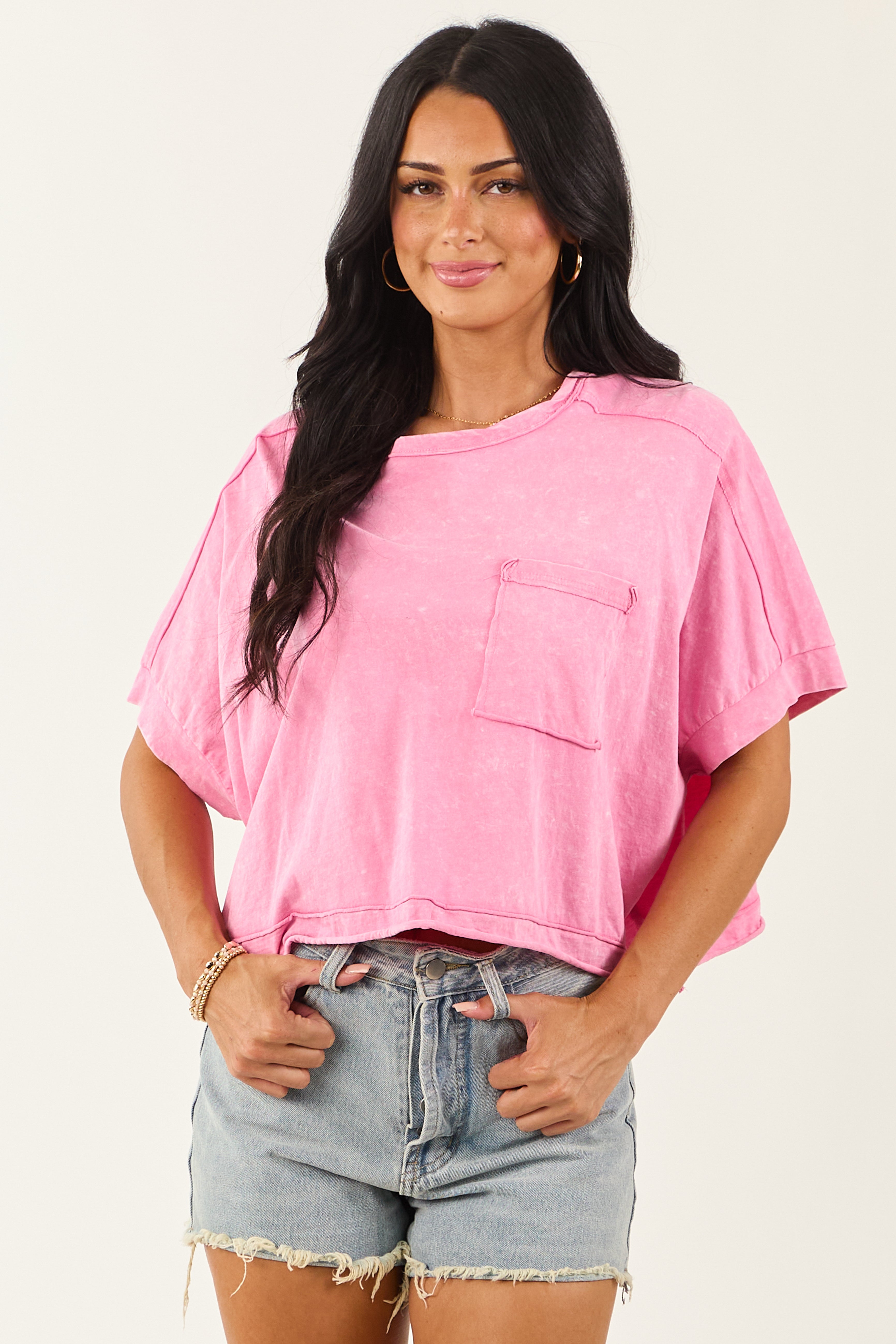 Bubblegum Mineral Wash Semi Cropped Boxy Cotton Tee