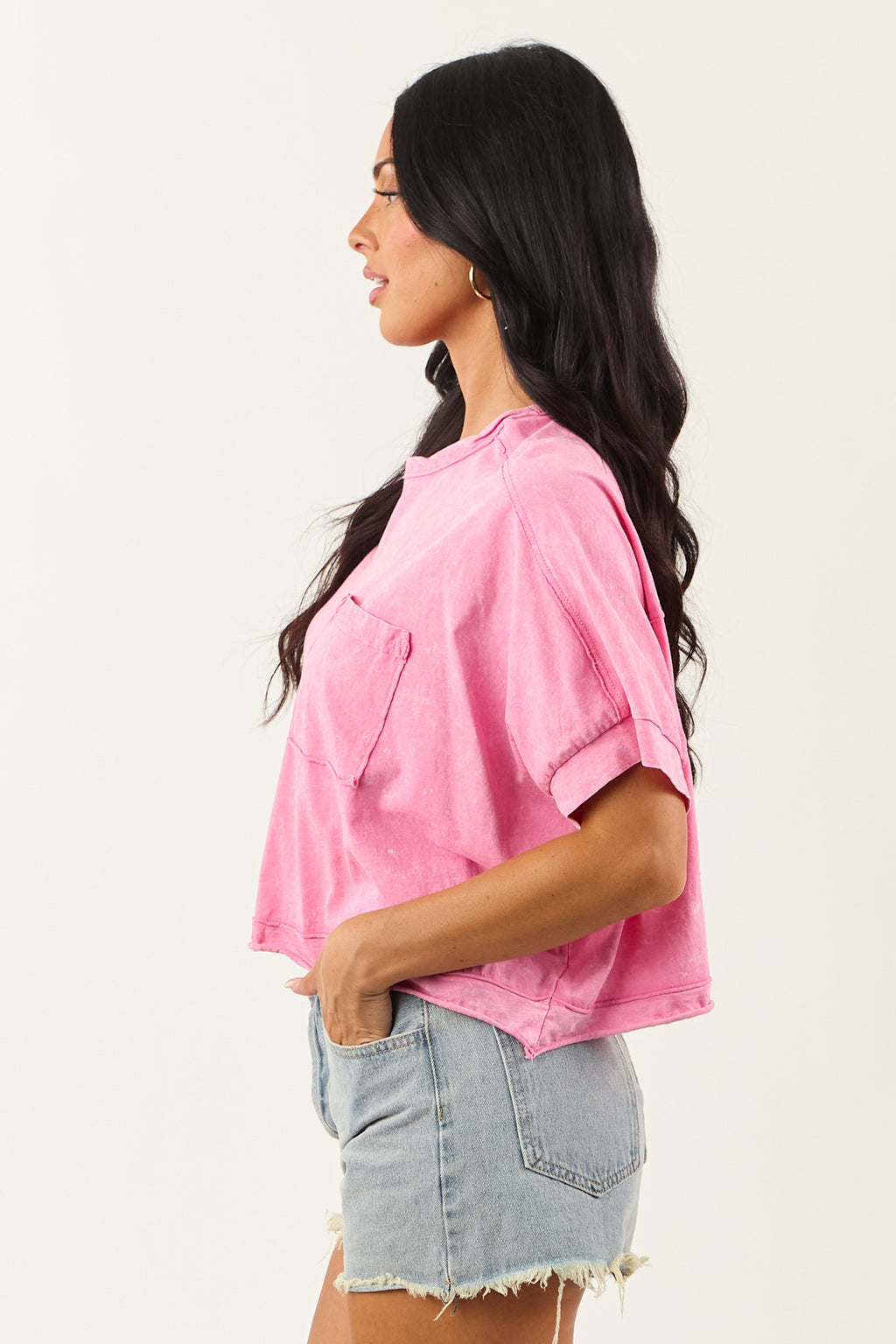 Bubblegum Mineral Wash Semi Cropped Boxy Cotton Tee
