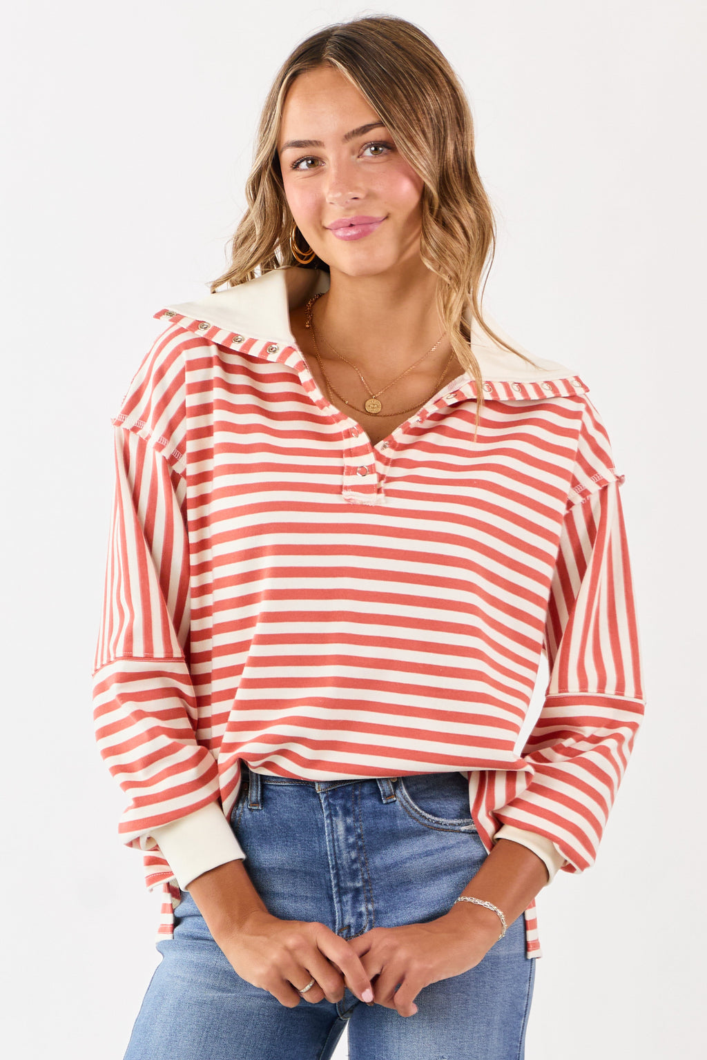Burnt Orange and Cream Striped Henley Top