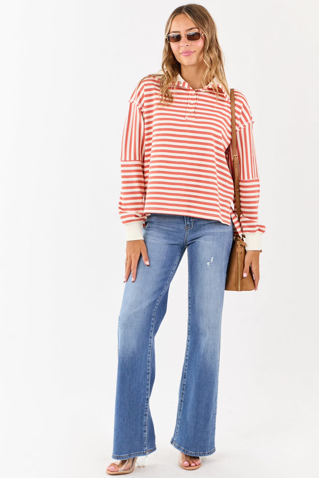 Burnt Orange and Cream Striped Henley Top