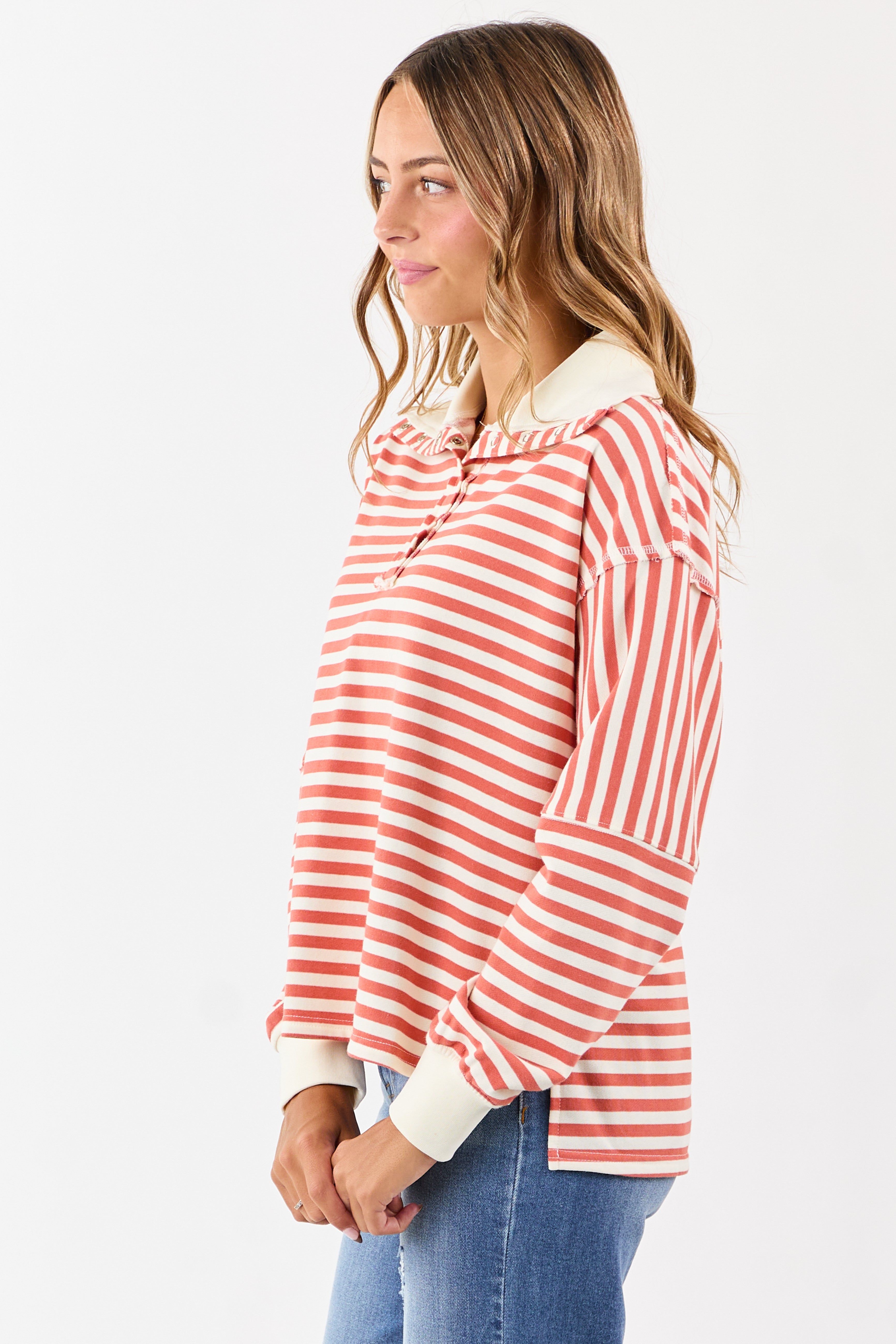 Burnt Orange and Cream Striped Henley Top