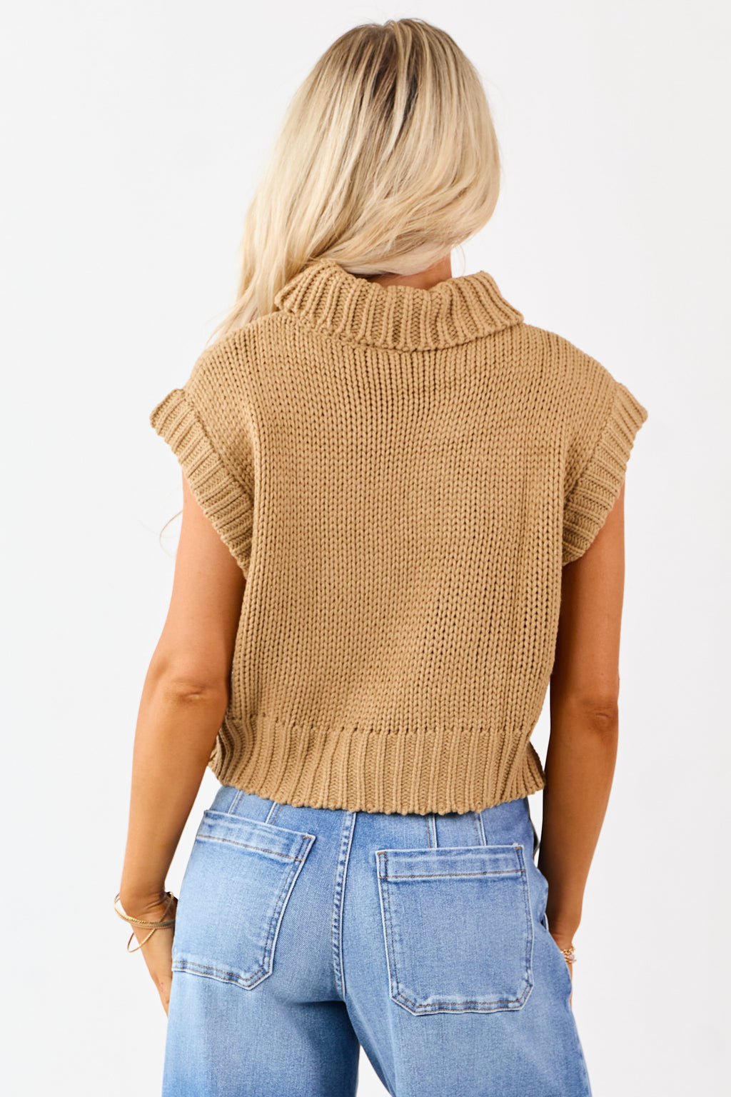 Camel Knit Turtleneck Cap Sleeve Sweater Top