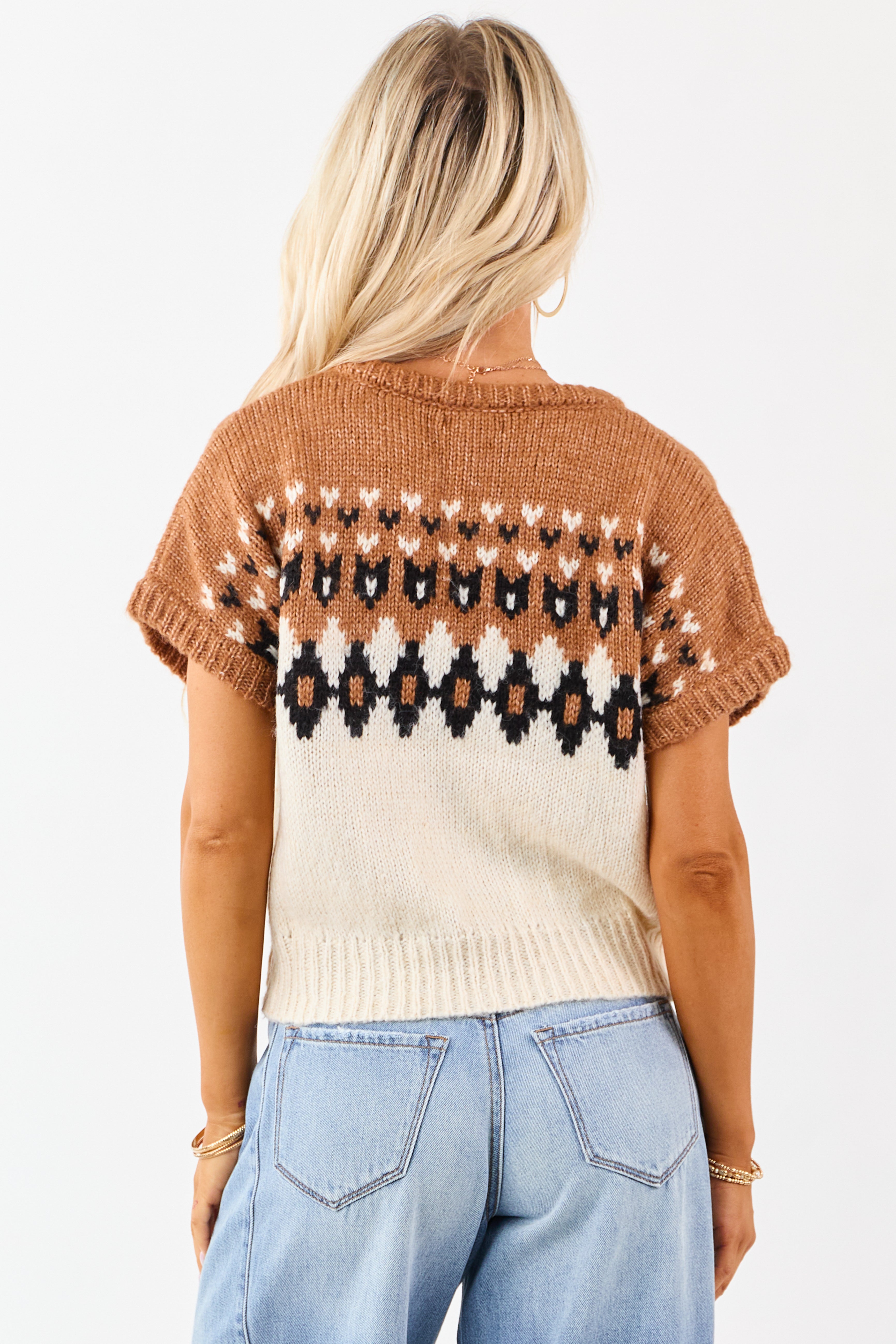 Caramel Fair Isle Short Sleeve Knit Sweater