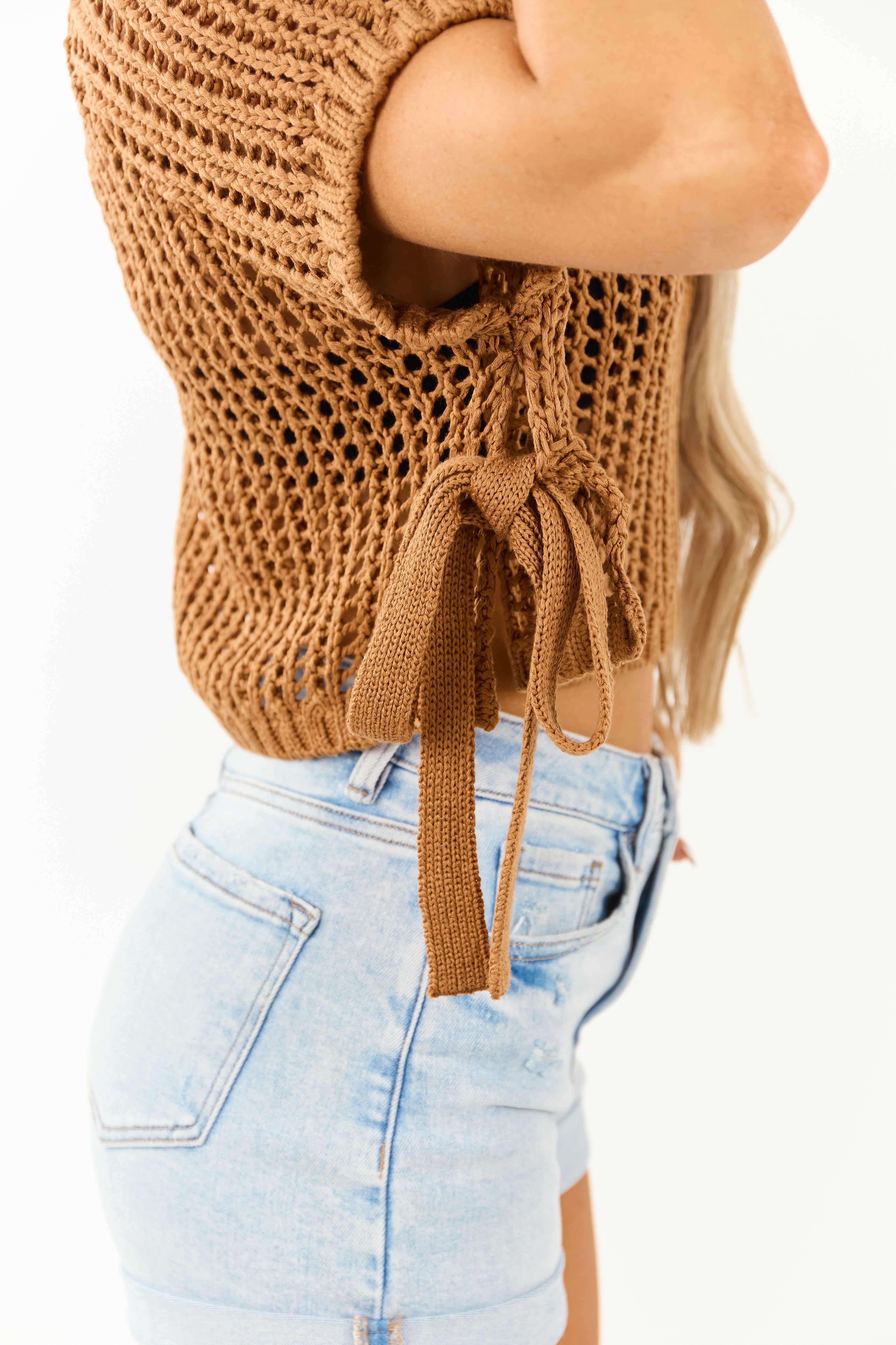 Caramel Open Knit Round Neck Short Sleeve Top