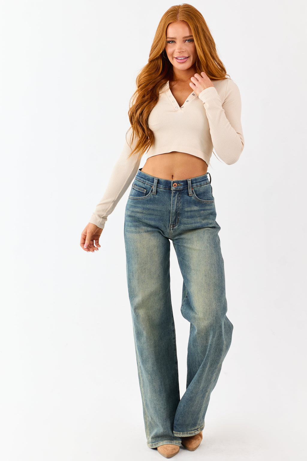 Champagne Rib Knit Cropped Long Sleeve Top