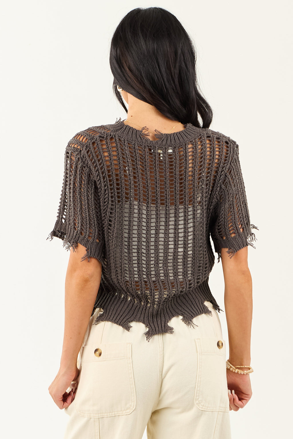 Charcoal Crochet Distressed Short Sleeve Top