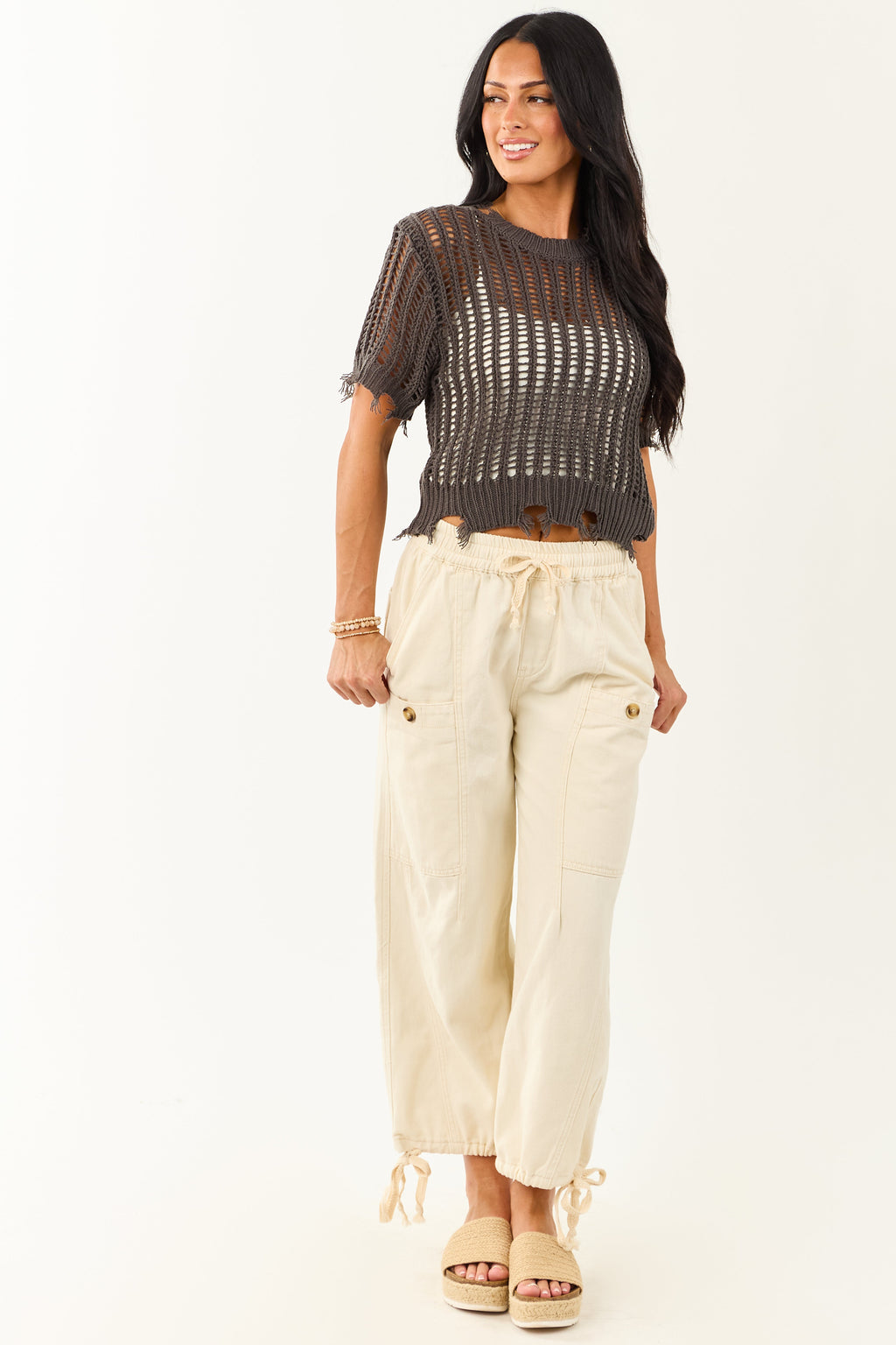 Charcoal Crochet Distressed Short Sleeve Top