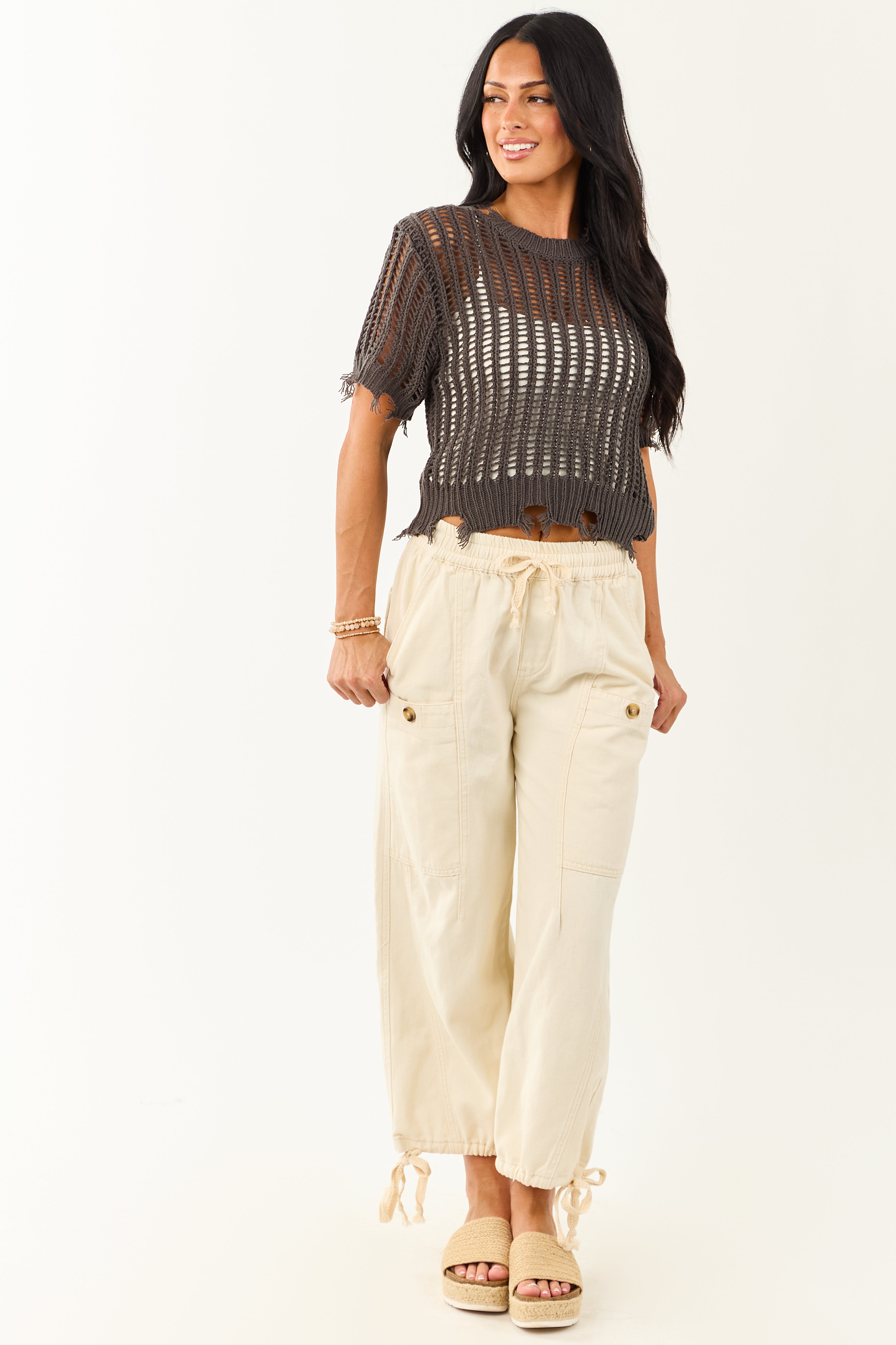 Charcoal Crochet Distressed Short Sleeve Top