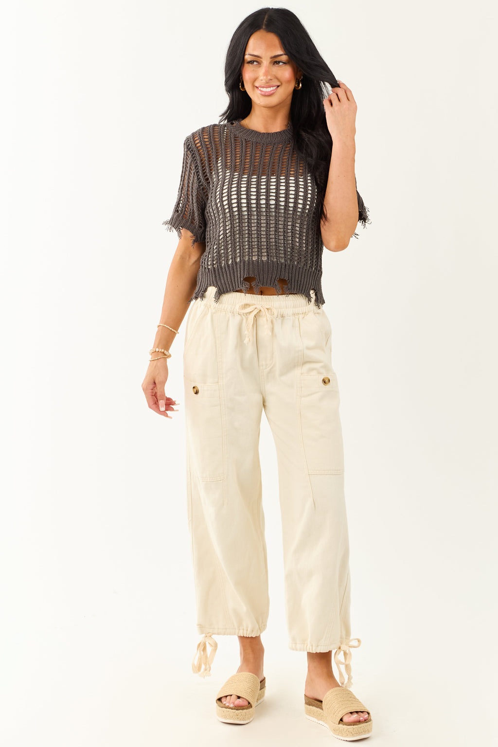 Charcoal Crochet Distressed Short Sleeve Top