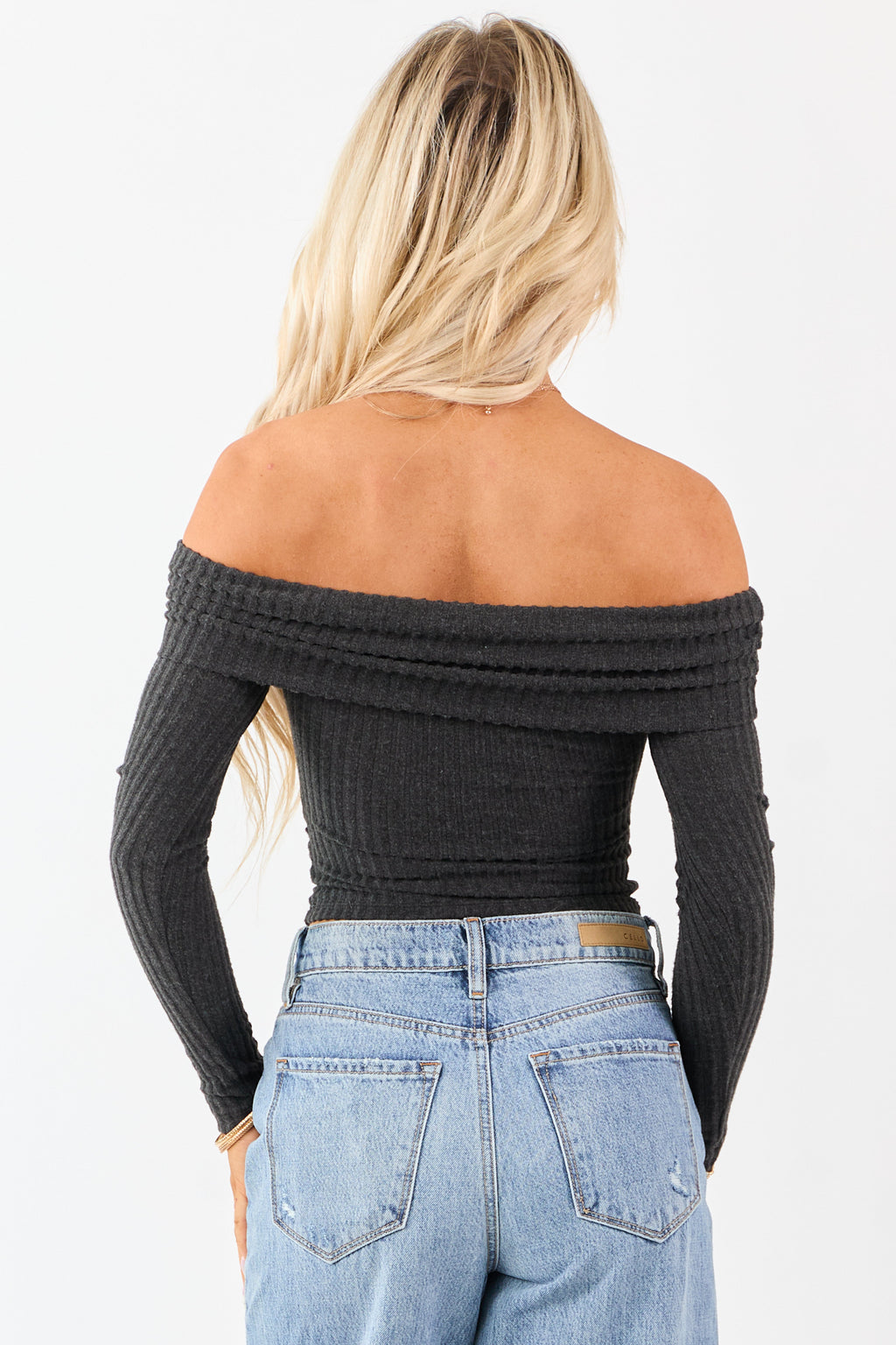 Charcoal Off the Shoulder Long Sleeve Knit Top