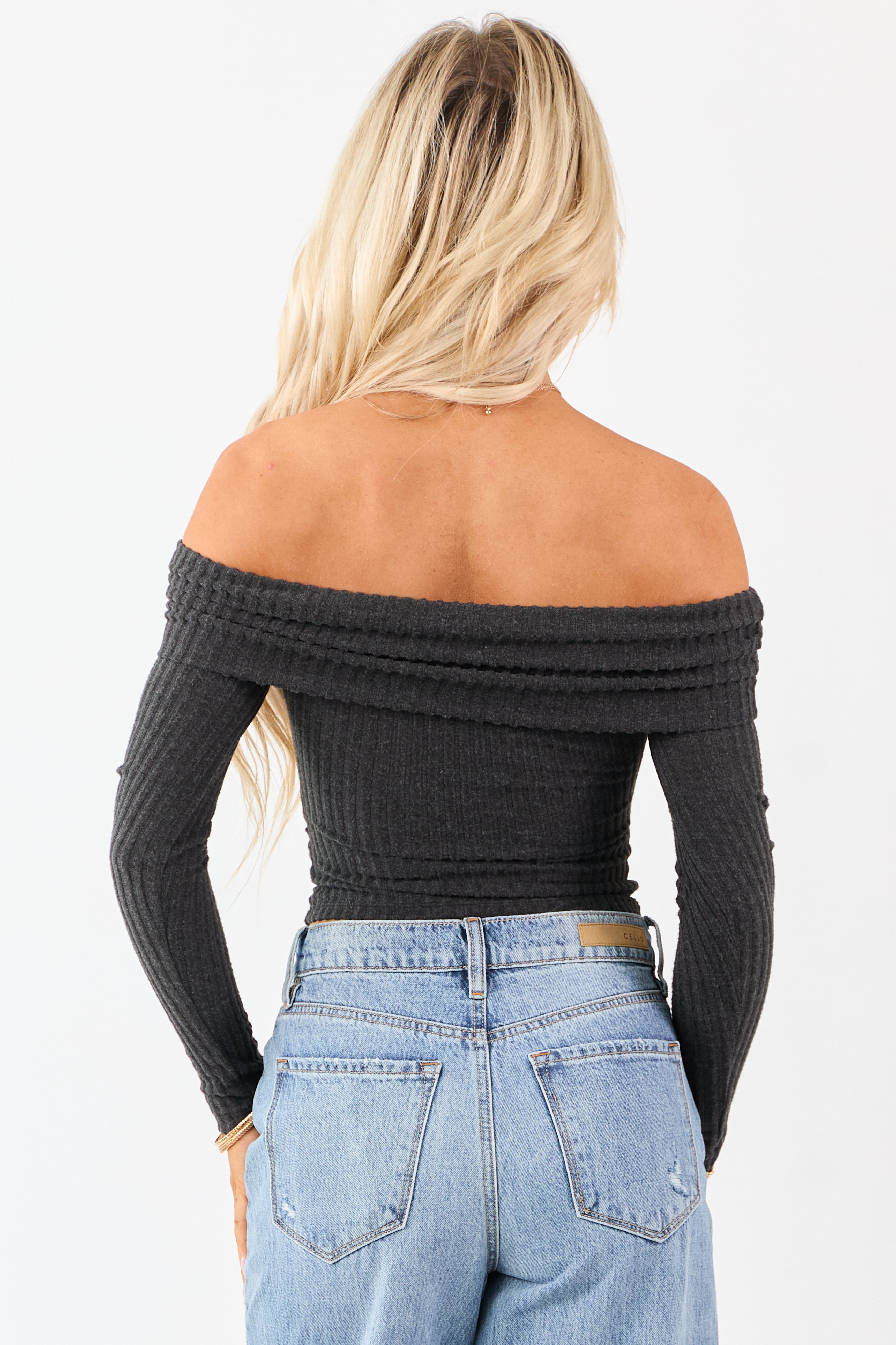 Charcoal Off the Shoulder Long Sleeve Knit Top