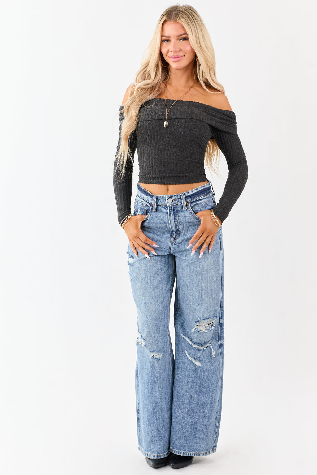 Charcoal Off the Shoulder Long Sleeve Knit Top