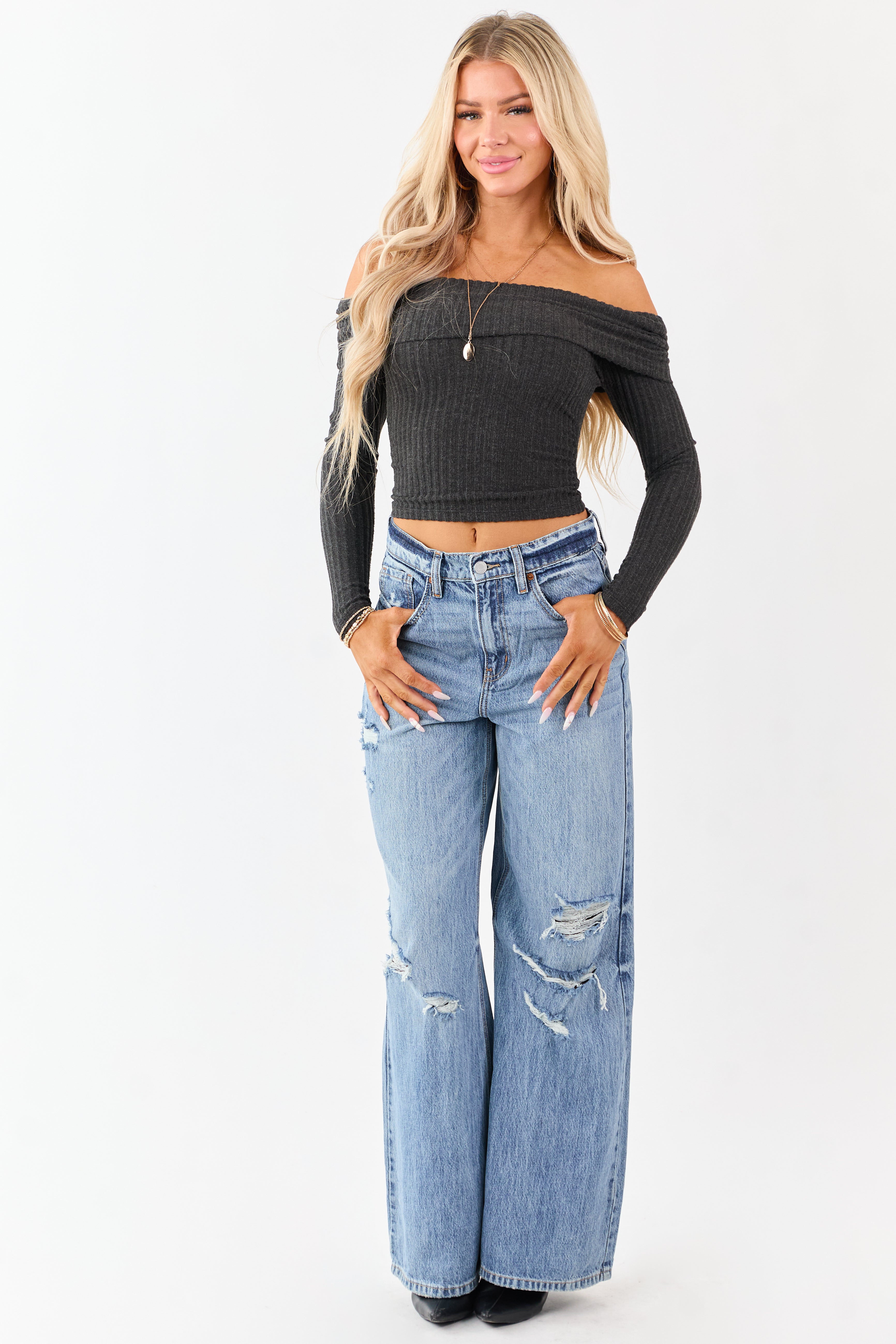 Charcoal Off the Shoulder Long Sleeve Knit Top