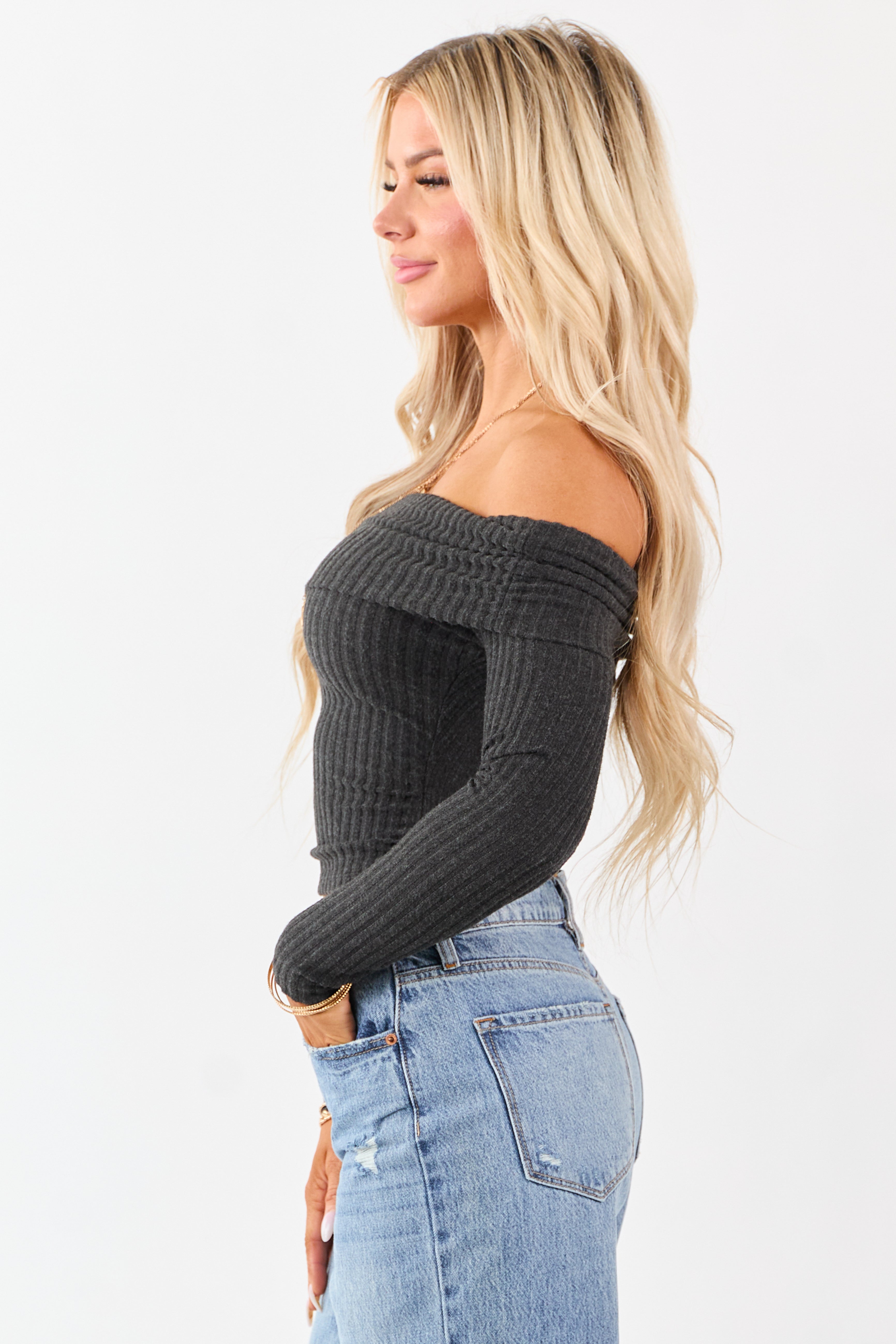 Charcoal Off the Shoulder Long Sleeve Knit Top