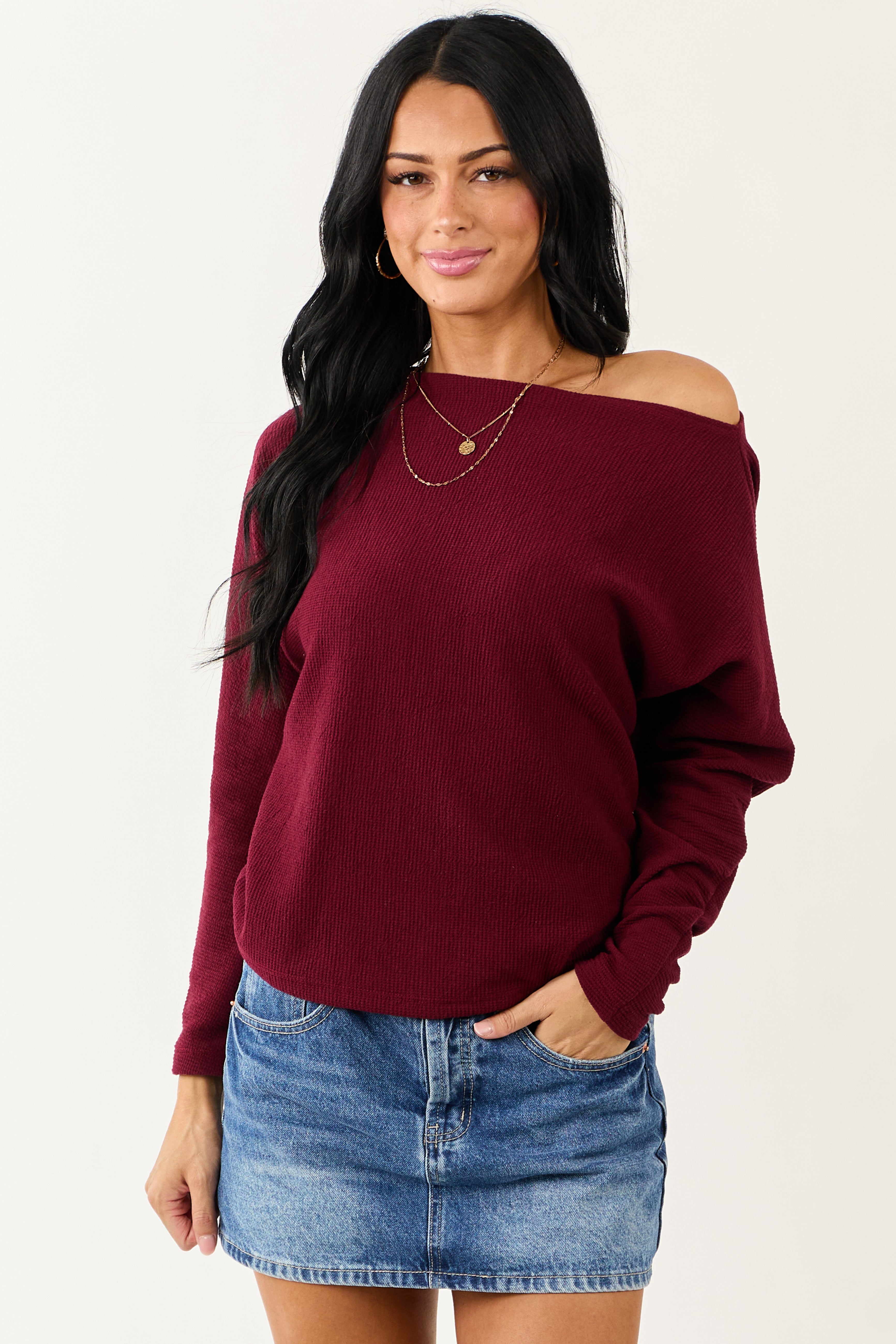 Cherry Boat Neck Knit Long Sleeve Top