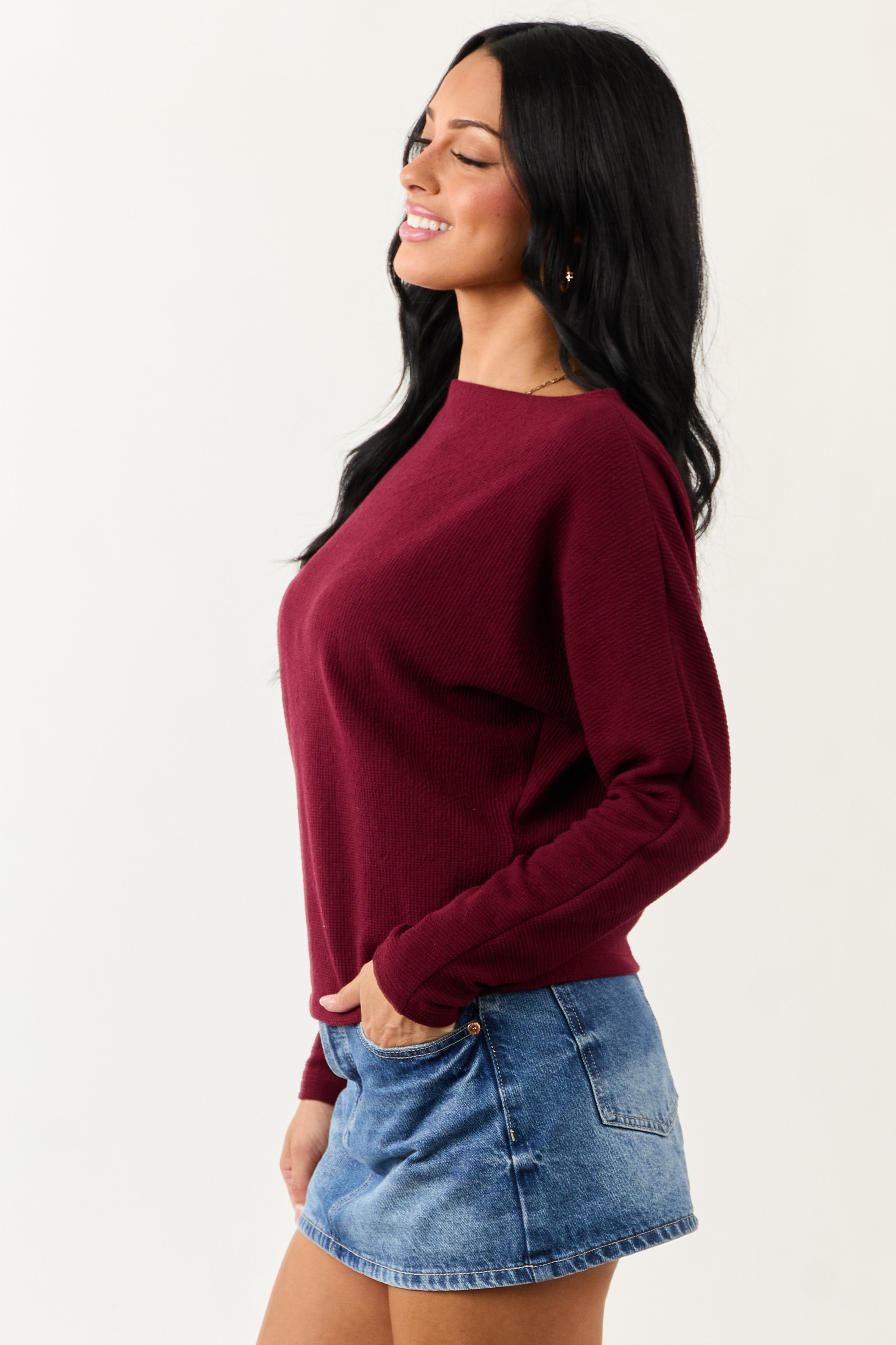 Cherry Boat Neck Knit Long Sleeve Top