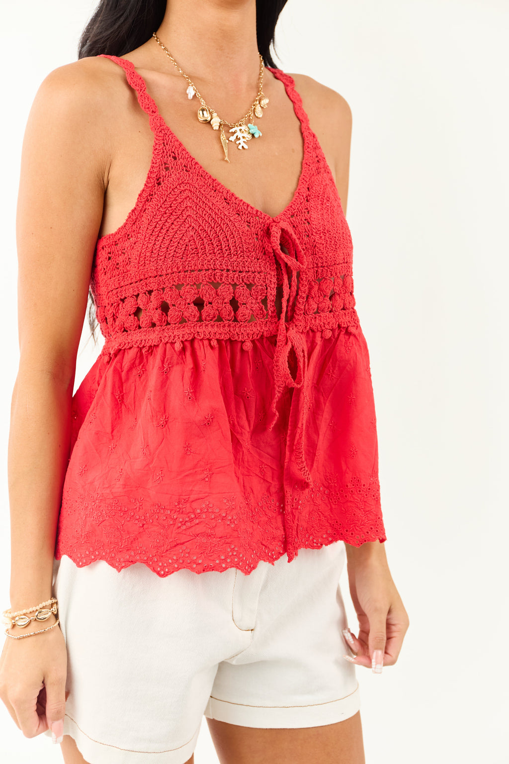 Cherry Knit Front Tie Eyelet Cotton Tank Top