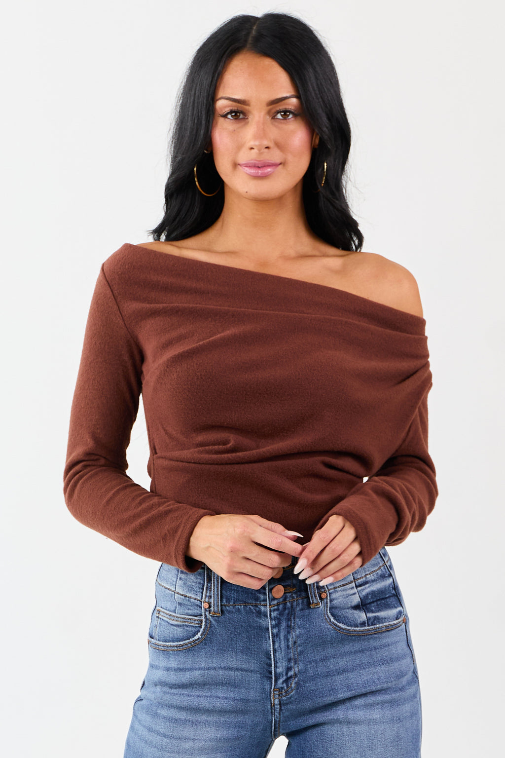 Cinnamon One Shoulder Ruched Long Sleeve Top