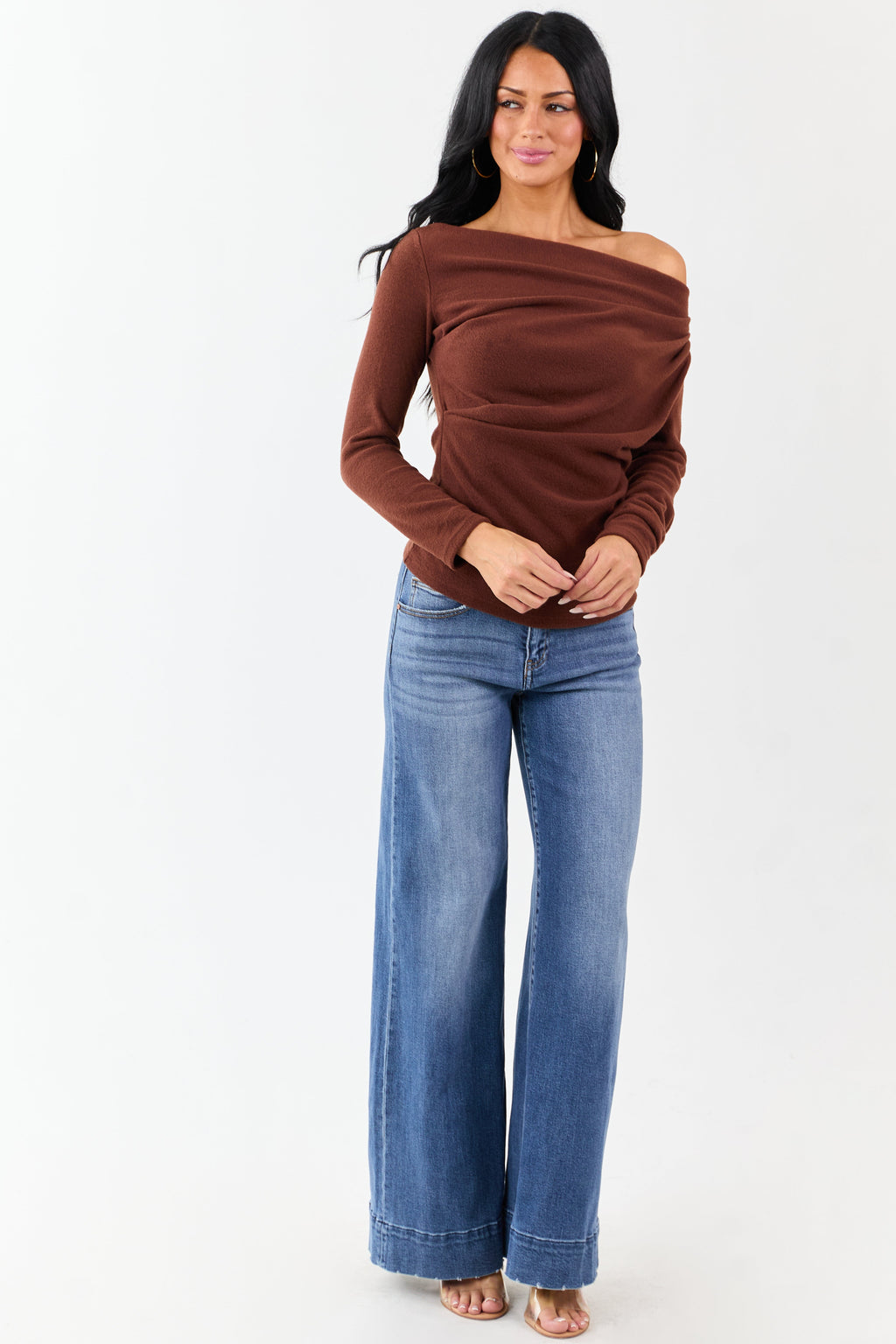 Cinnamon One Shoulder Ruched Long Sleeve Top