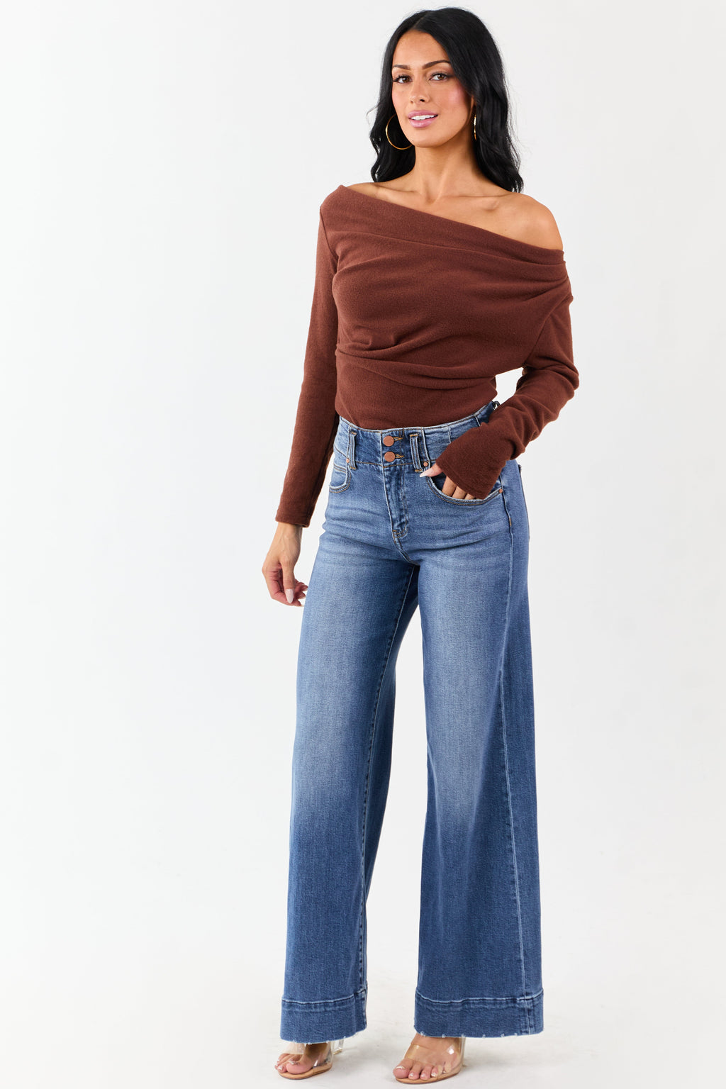 Cinnamon One Shoulder Ruched Long Sleeve Top