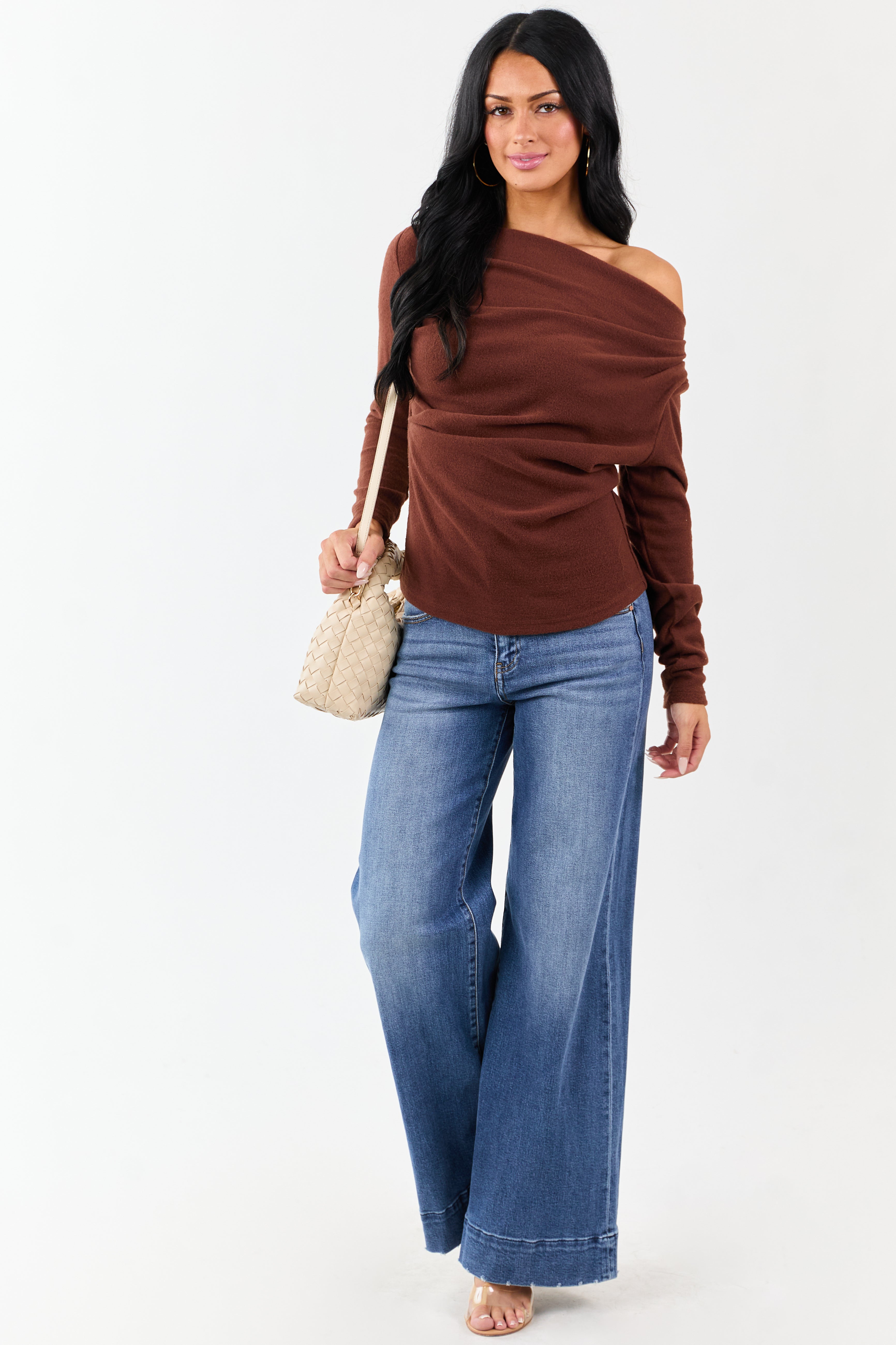 Cinnamon One Shoulder Ruched Long Sleeve Top